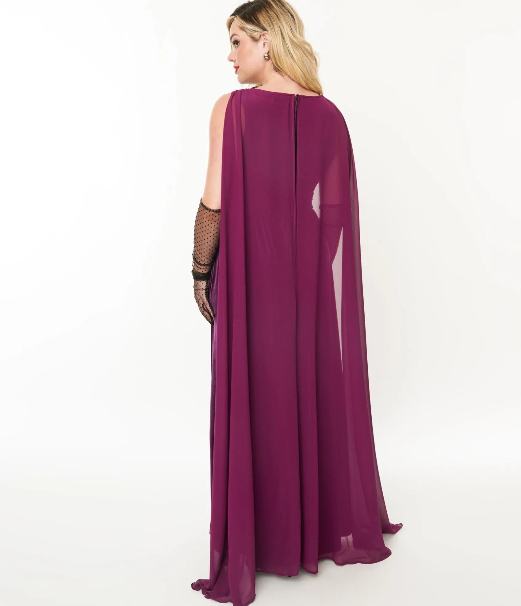 Unique Vintage Eggplant & Black Bat Velvet Cape Gown Outlet