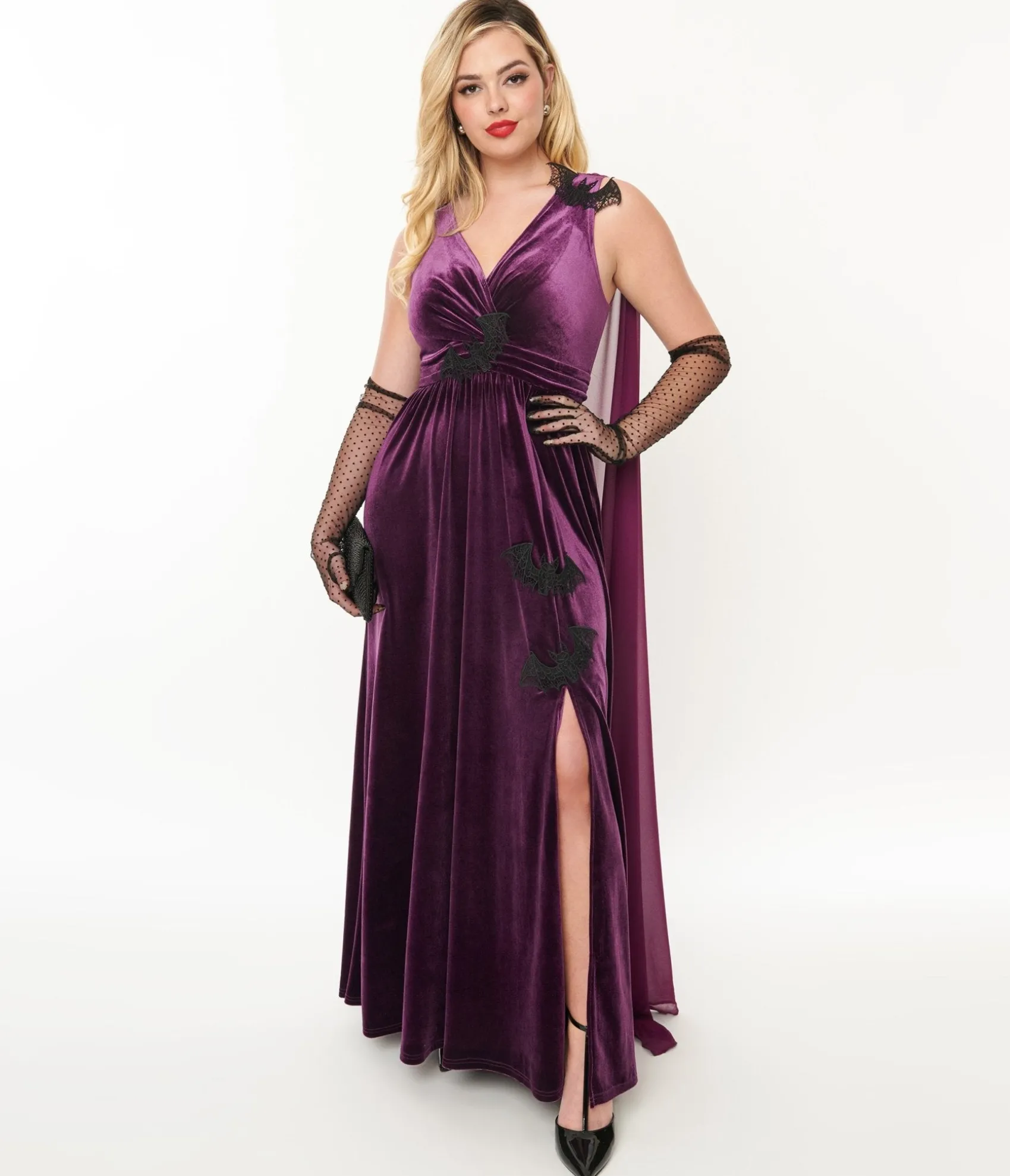 Unique Vintage Eggplant & Black Bat Velvet Cape Gown Outlet