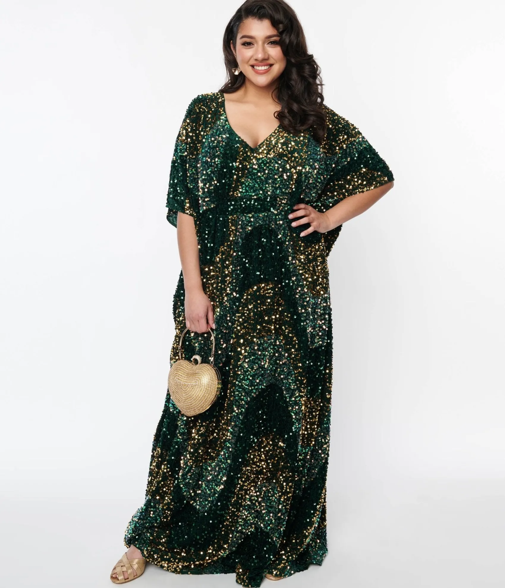 Unique Vintage Emerald & Gold Sequin Burton Caftan Dress Hot