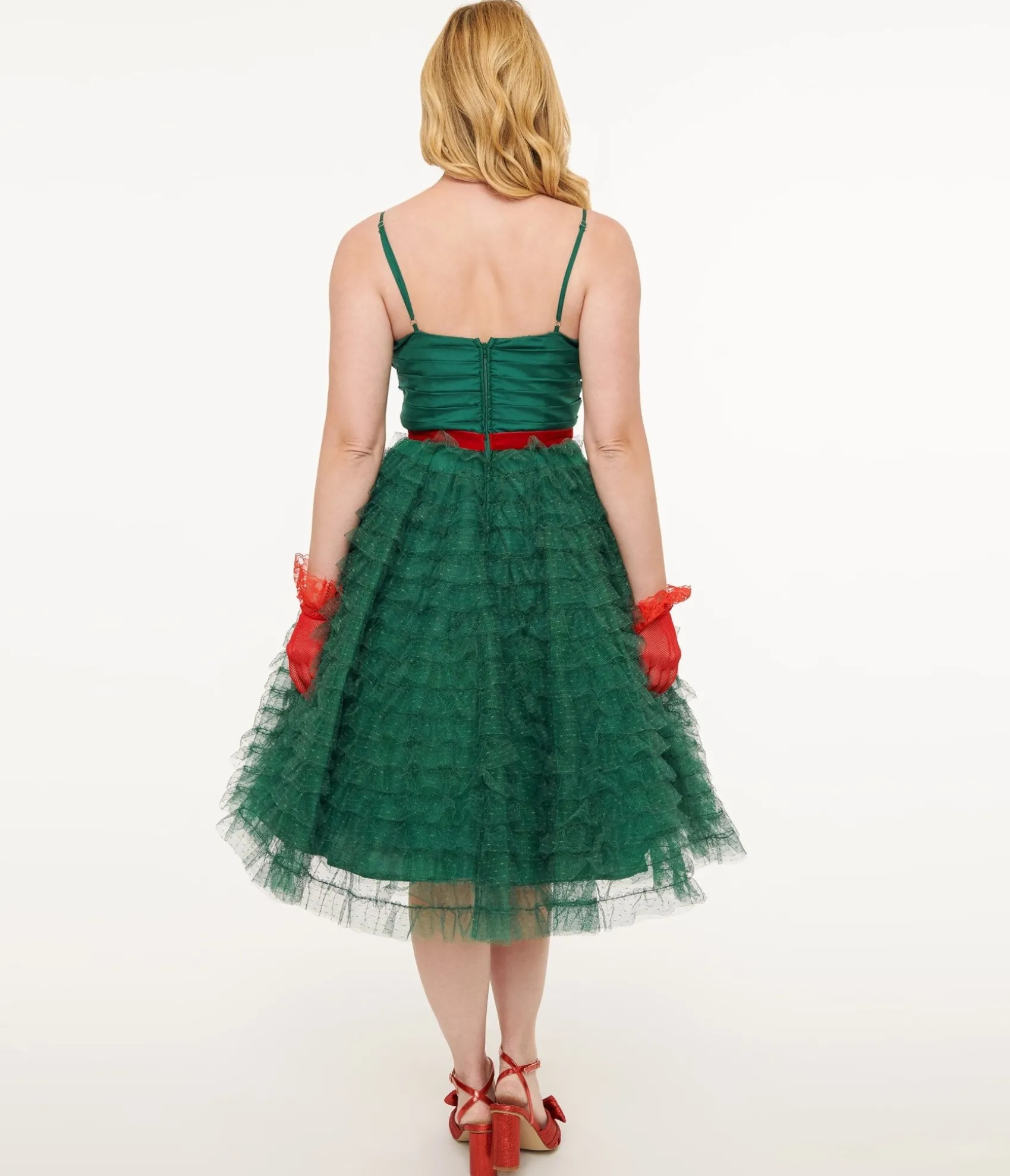 Unique Vintage Emerald Green & Red Ribbon Tulle Cupcake Swing Dress Cheap