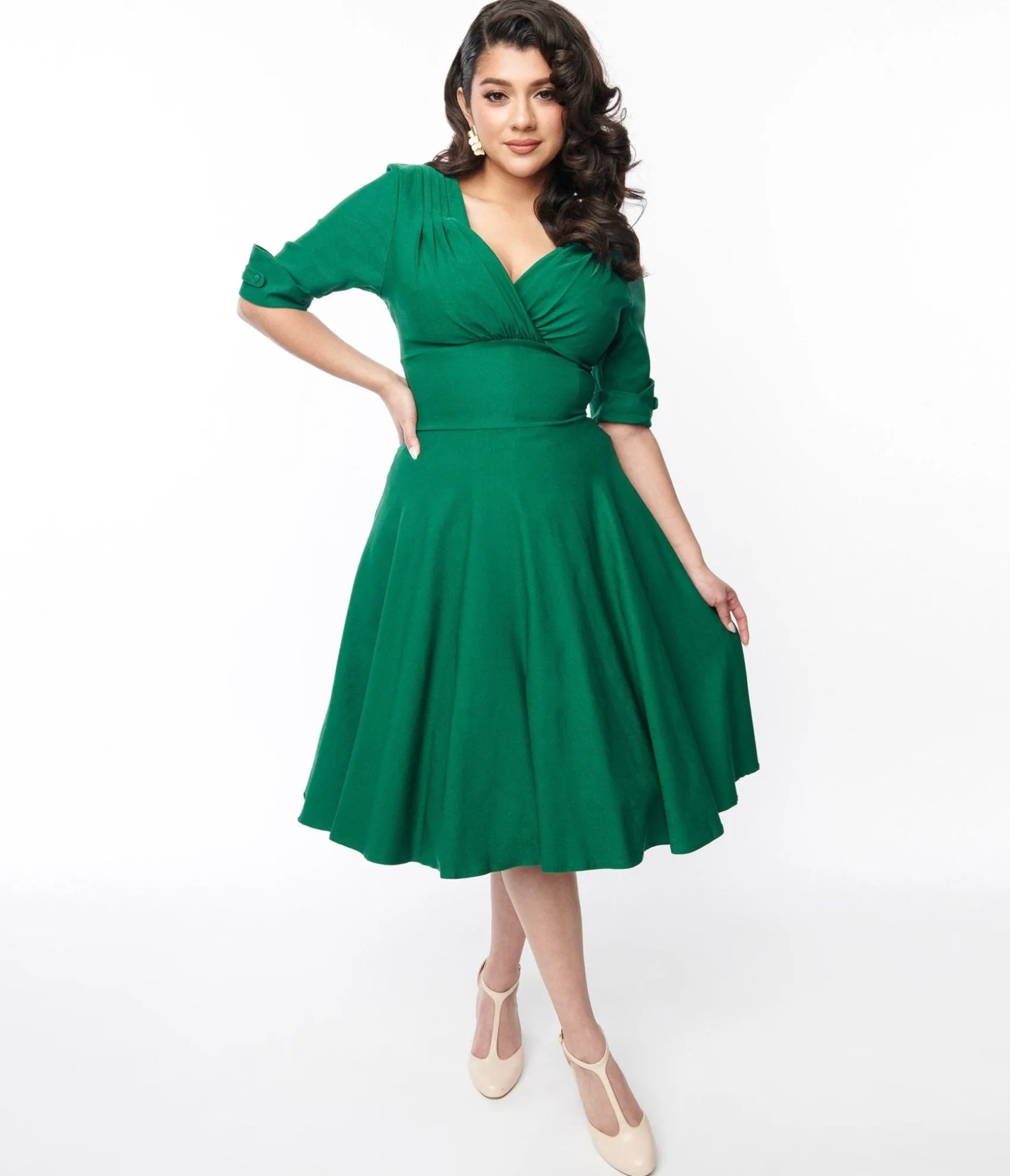 Unique Vintage Emerald Green Delores Swing Dress with Sleeves Cheap