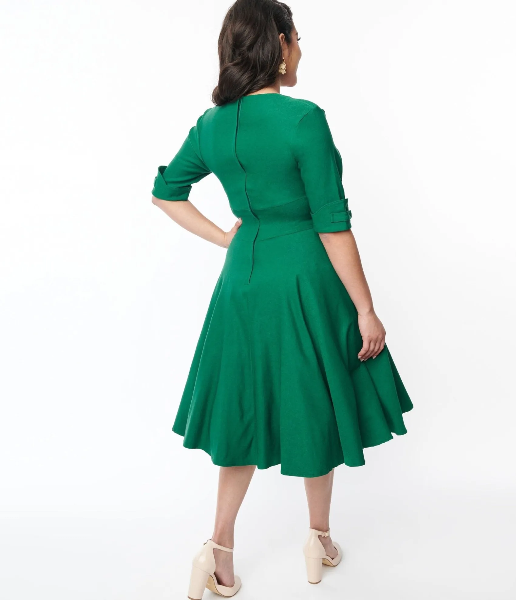Unique Vintage Emerald Green Delores Swing Dress with Sleeves Cheap