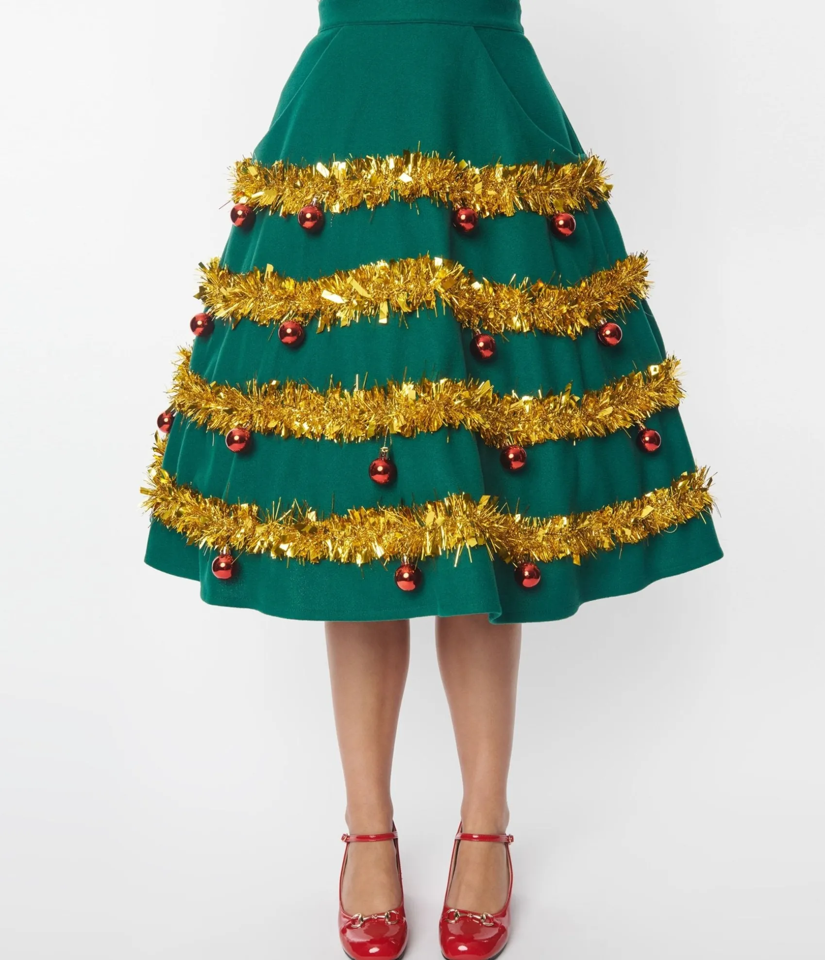 Unique Vintage Green & Gold Tinsel & Ornament Soda Shop Swing Skirt Store
