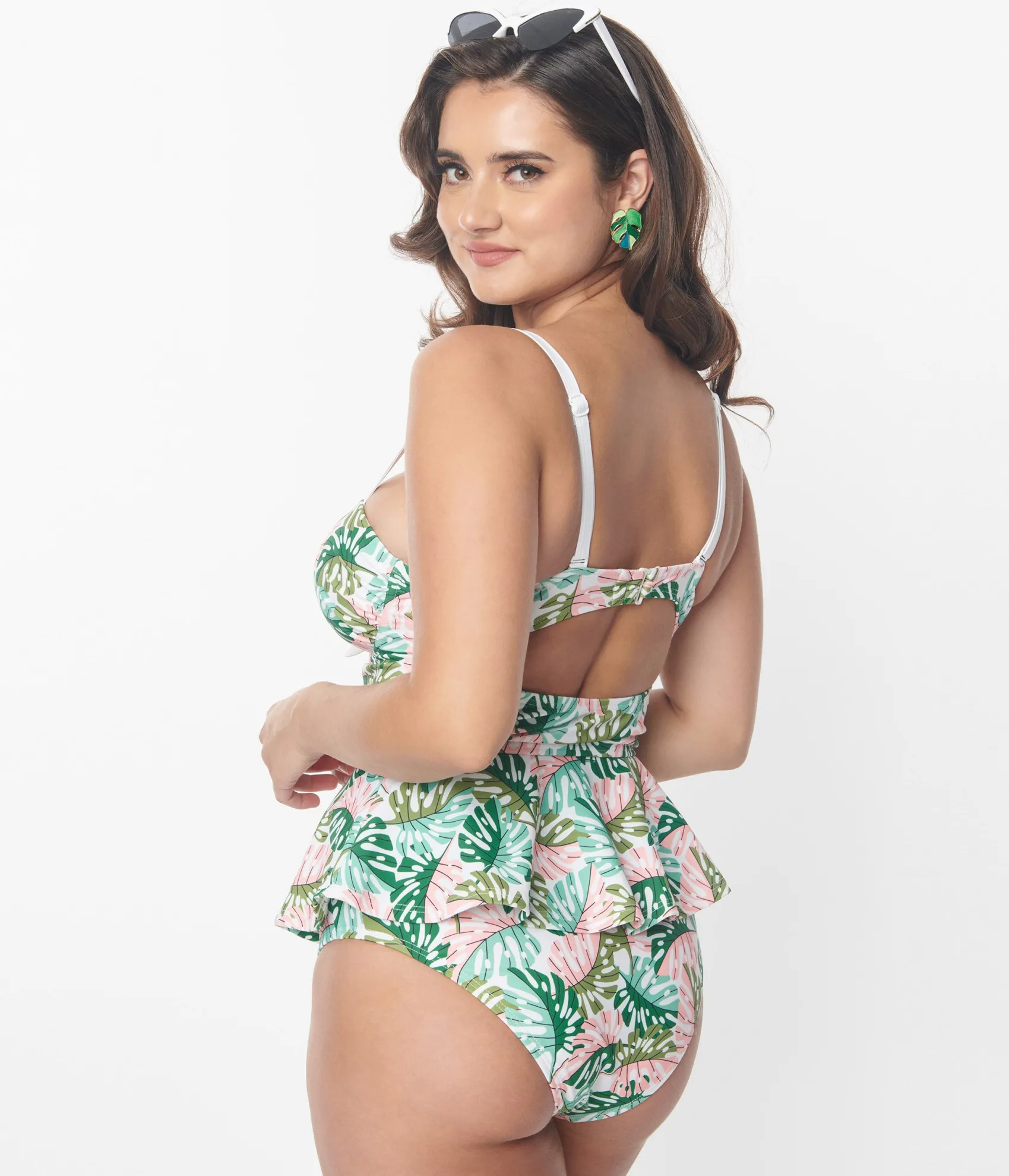 Unique Vintage Green & Pink Monstera Leaf Solana Tankini Swim Top Store