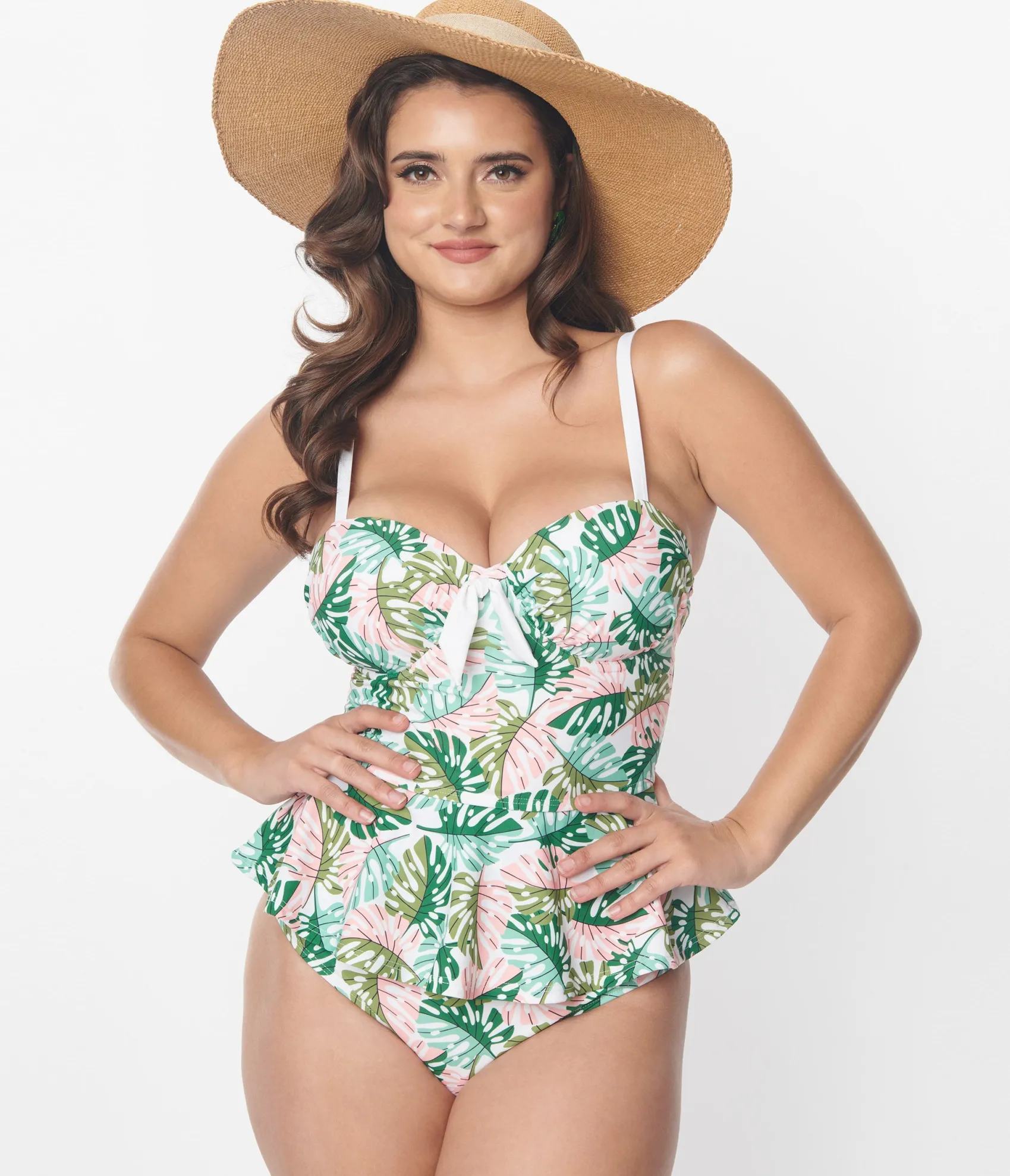 Unique Vintage Green & Pink Monstera Leaf Solana Tankini Swim Top Store