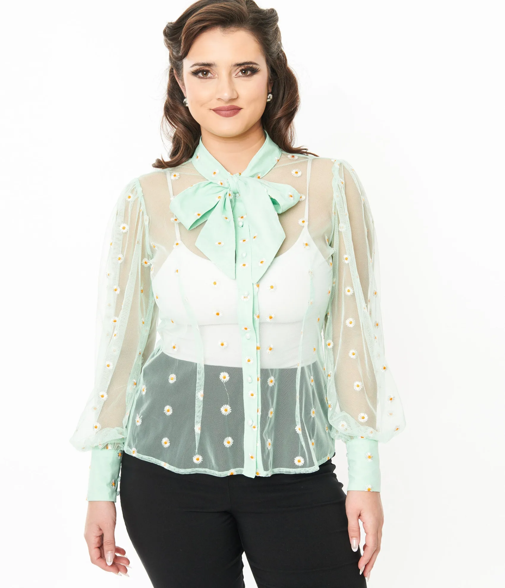 Unique Vintage Green & White Daisy Print Sheer Gwen Blouse Best