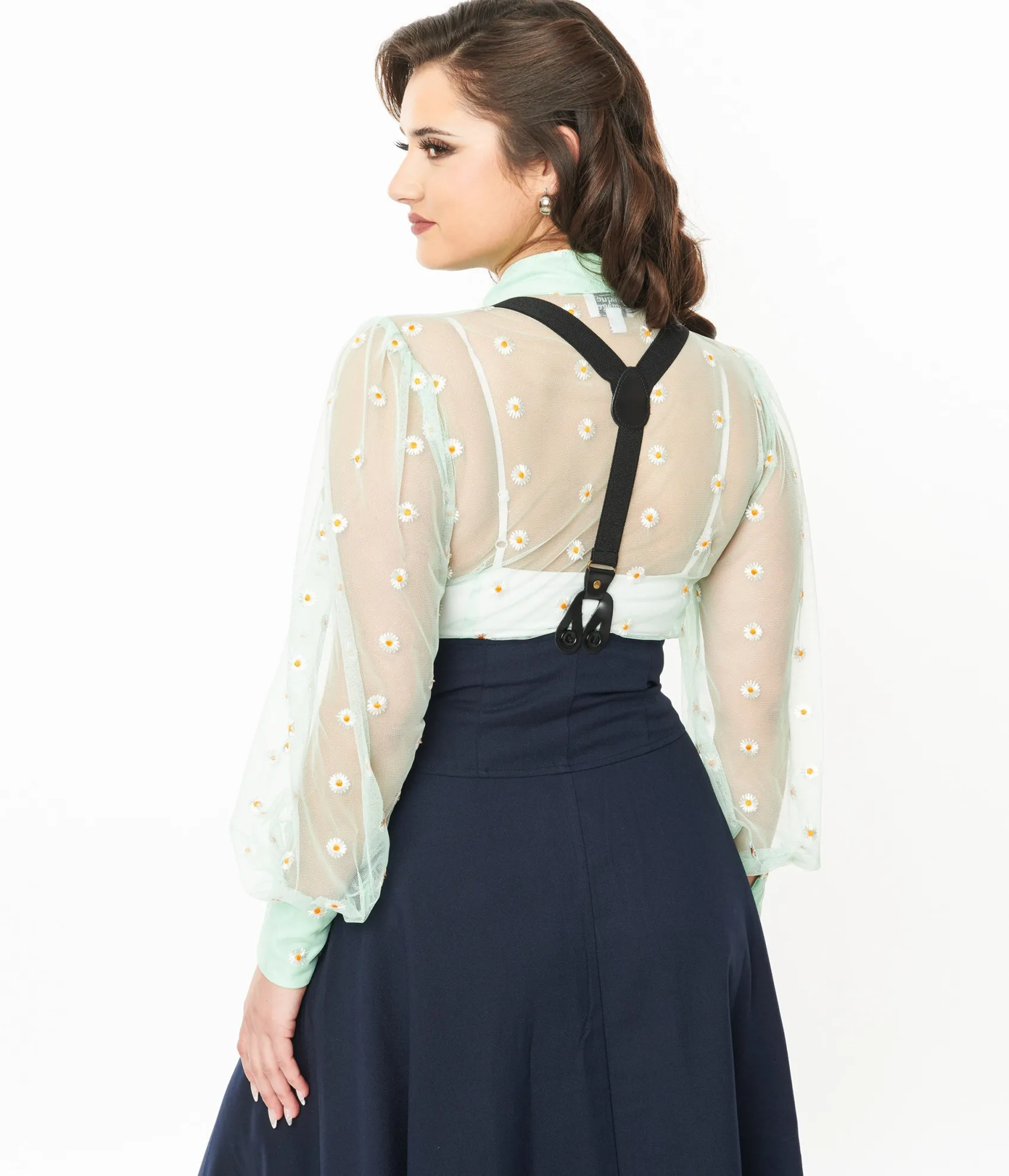 Unique Vintage Green & White Daisy Print Sheer Gwen Blouse Best
