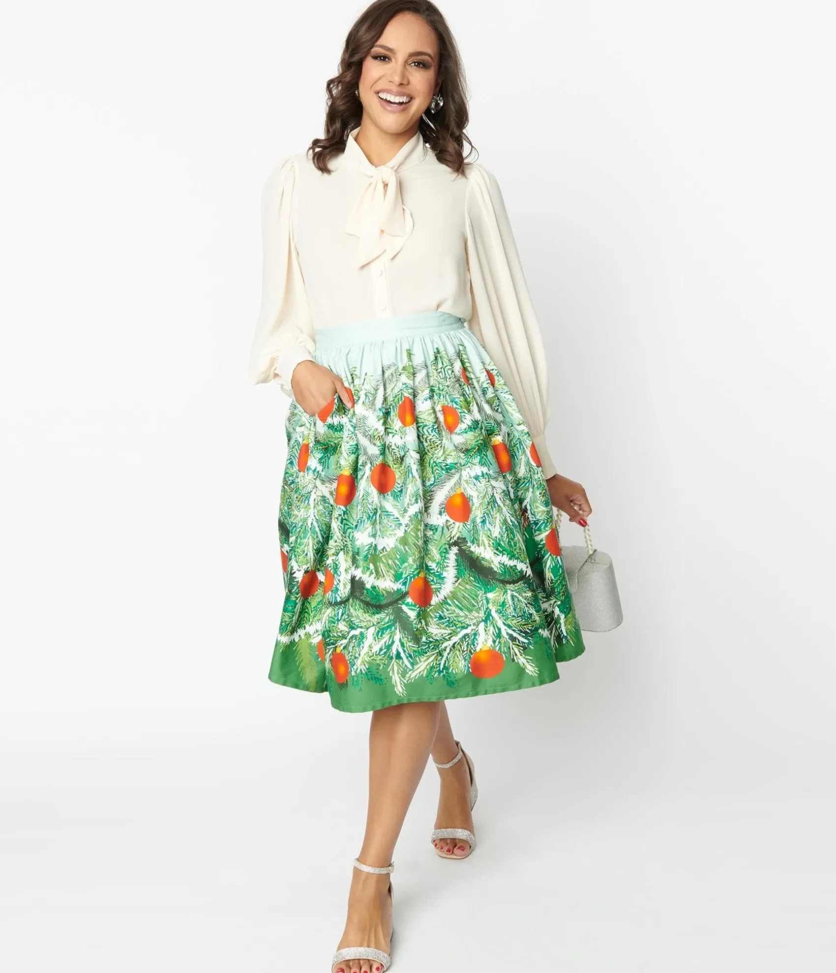 Unique Vintage Green Evergreen & Red Ornaments Swing Skirt Discount