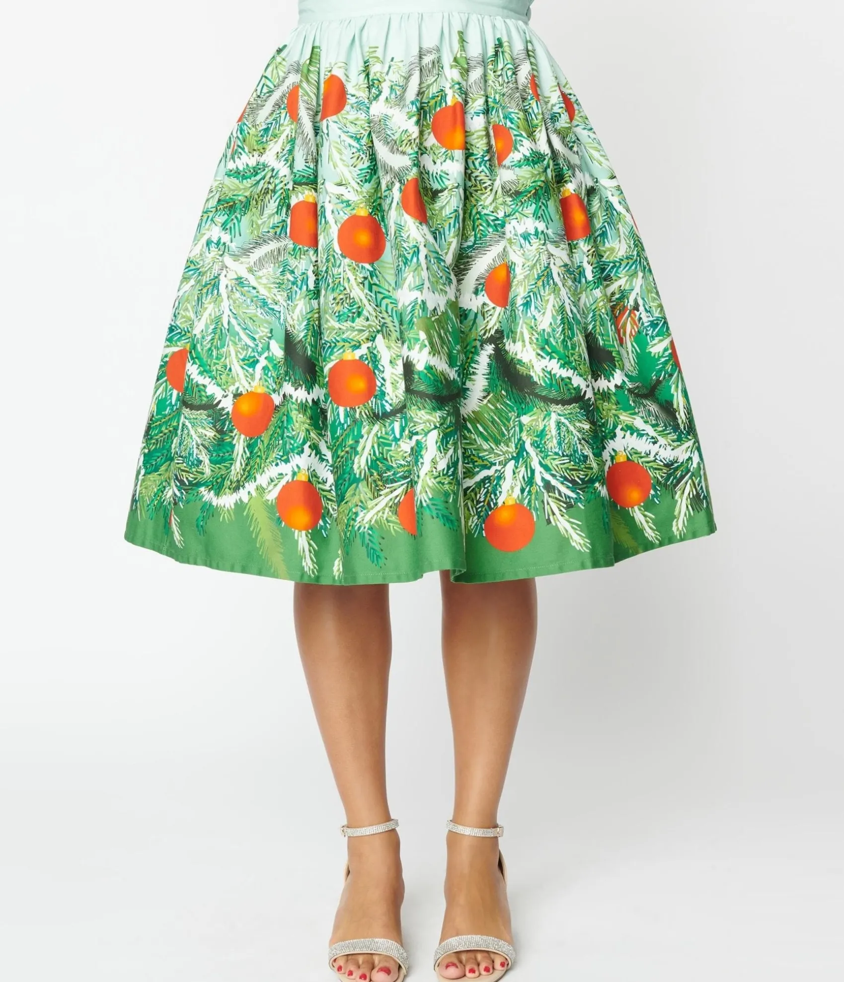 Unique Vintage Green Evergreen & Red Ornaments Swing Skirt Discount