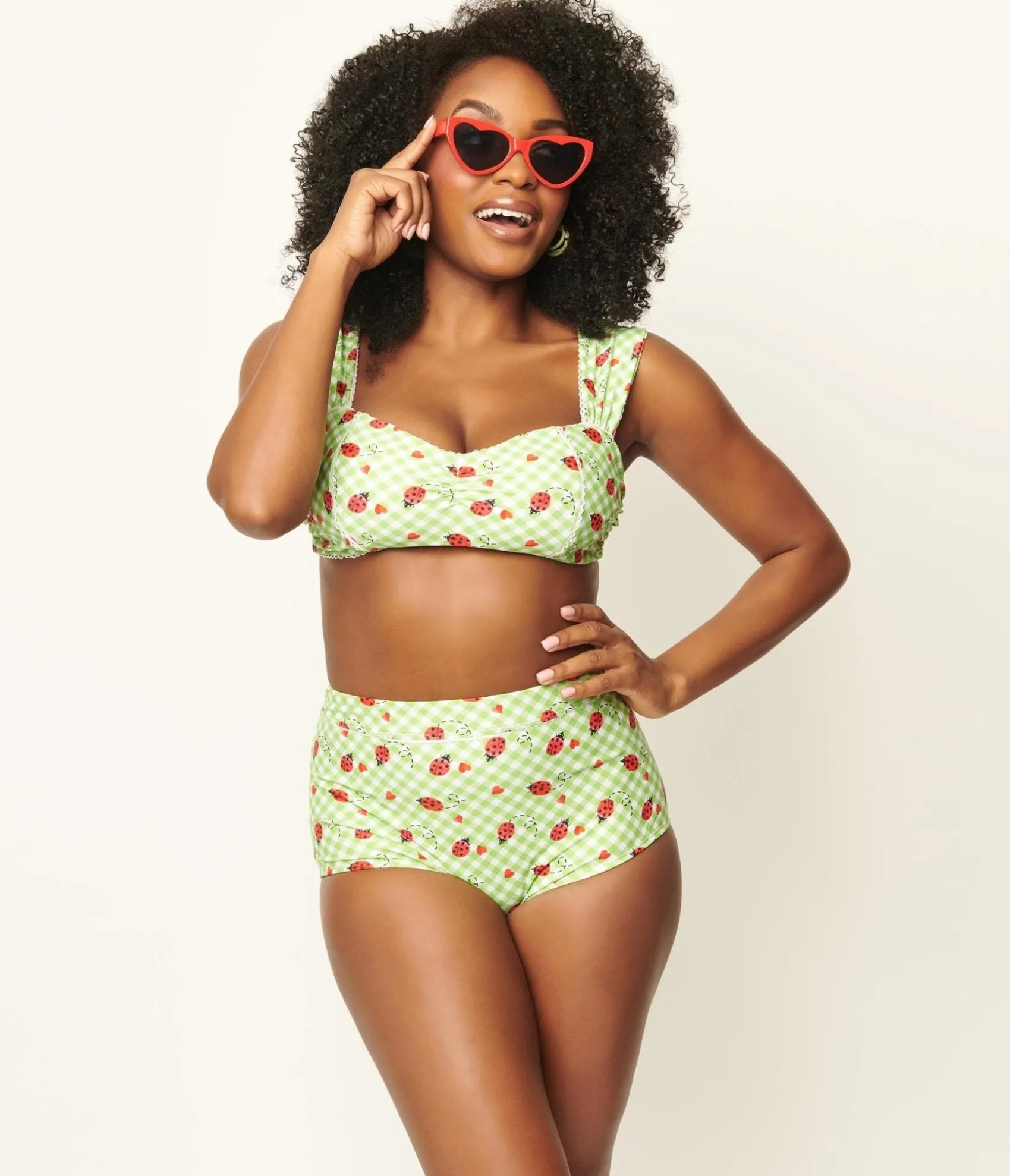 Unique Vintage Green Gingham & Ladybug Print Ruched & Ready Swim Top Hot