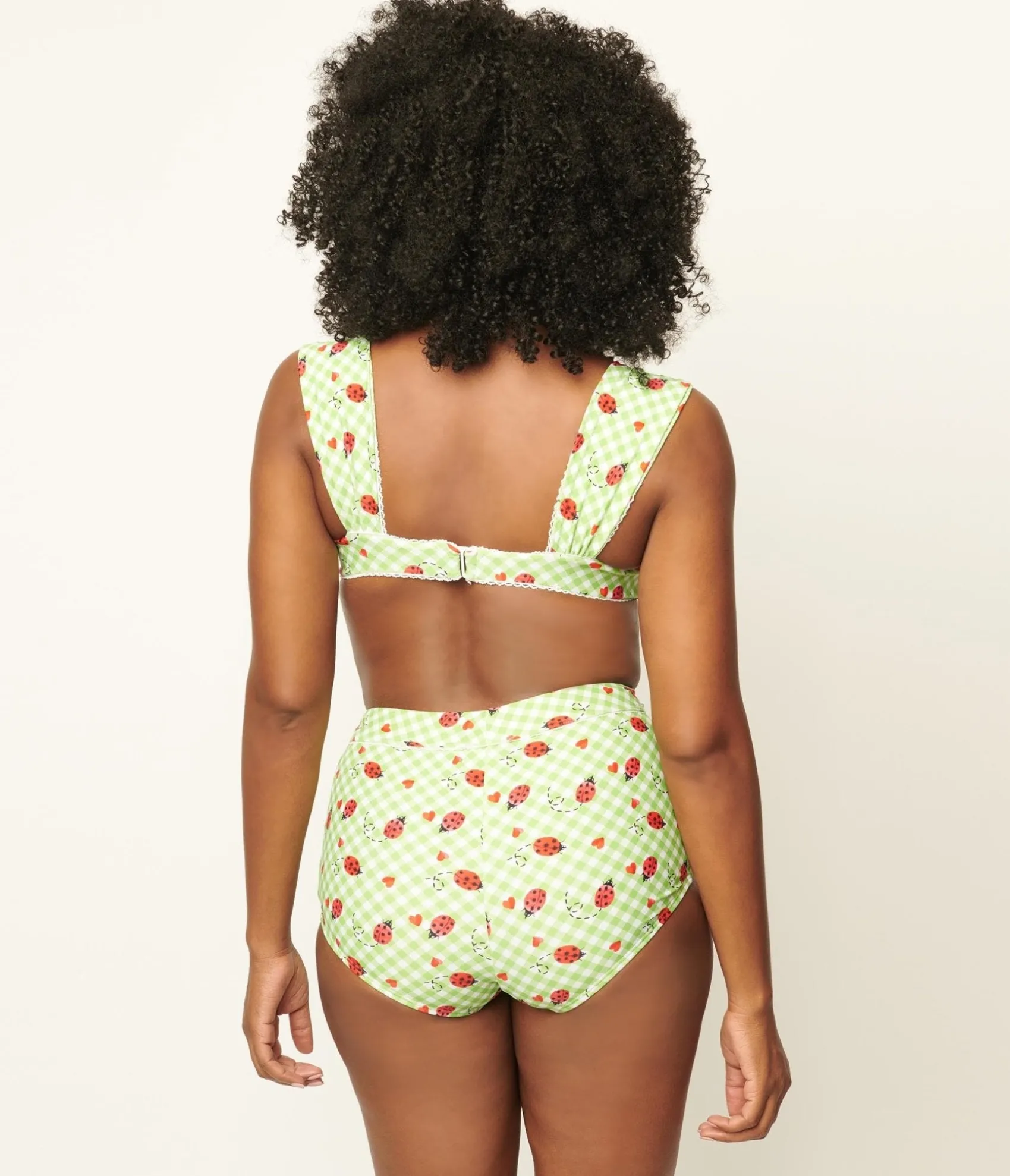 Unique Vintage Green Gingham & Ladybug Print Ruched & Ready Swim Top Hot