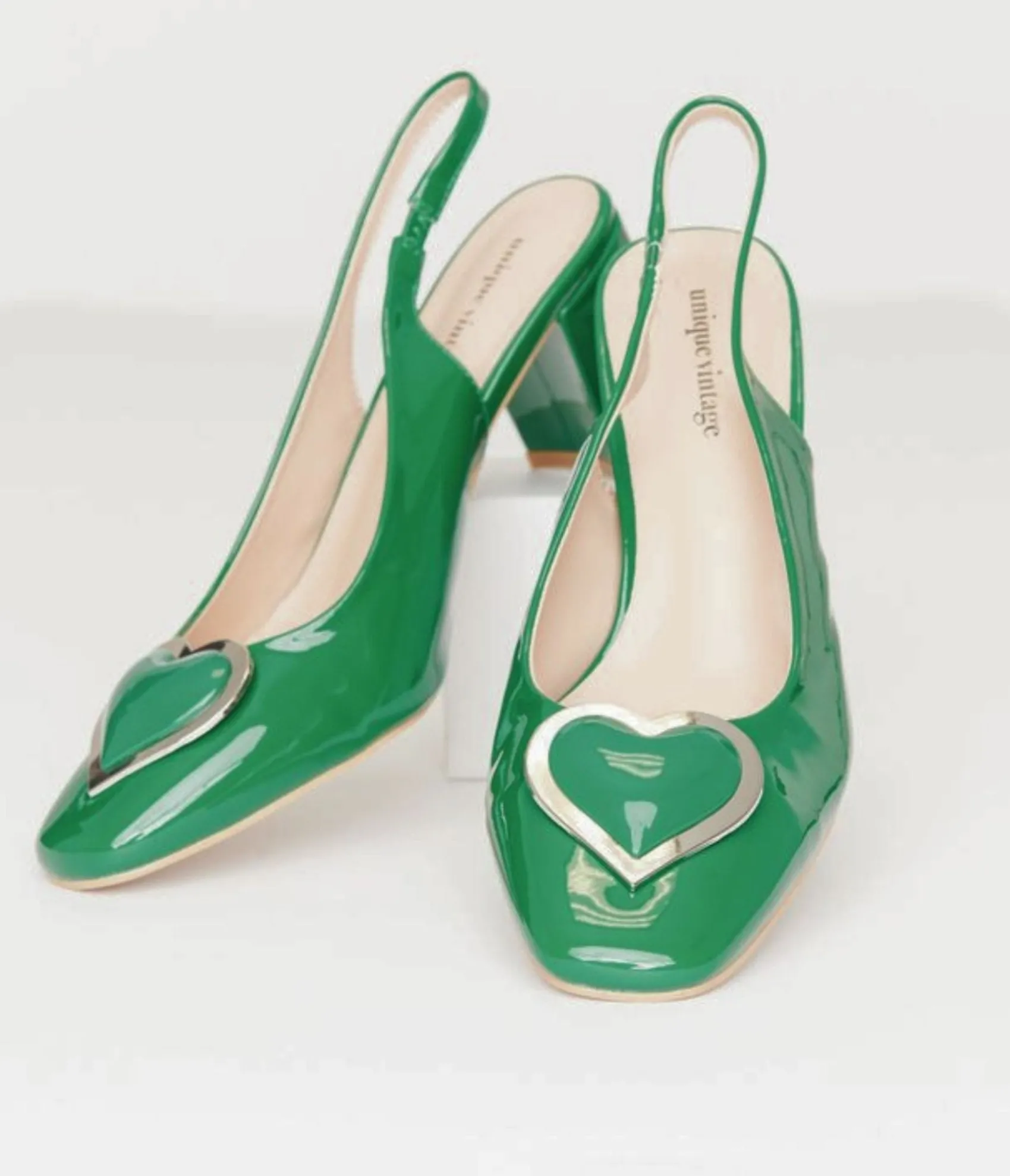 Unique Vintage Green Heart Leatherette Slingback Heels Hot