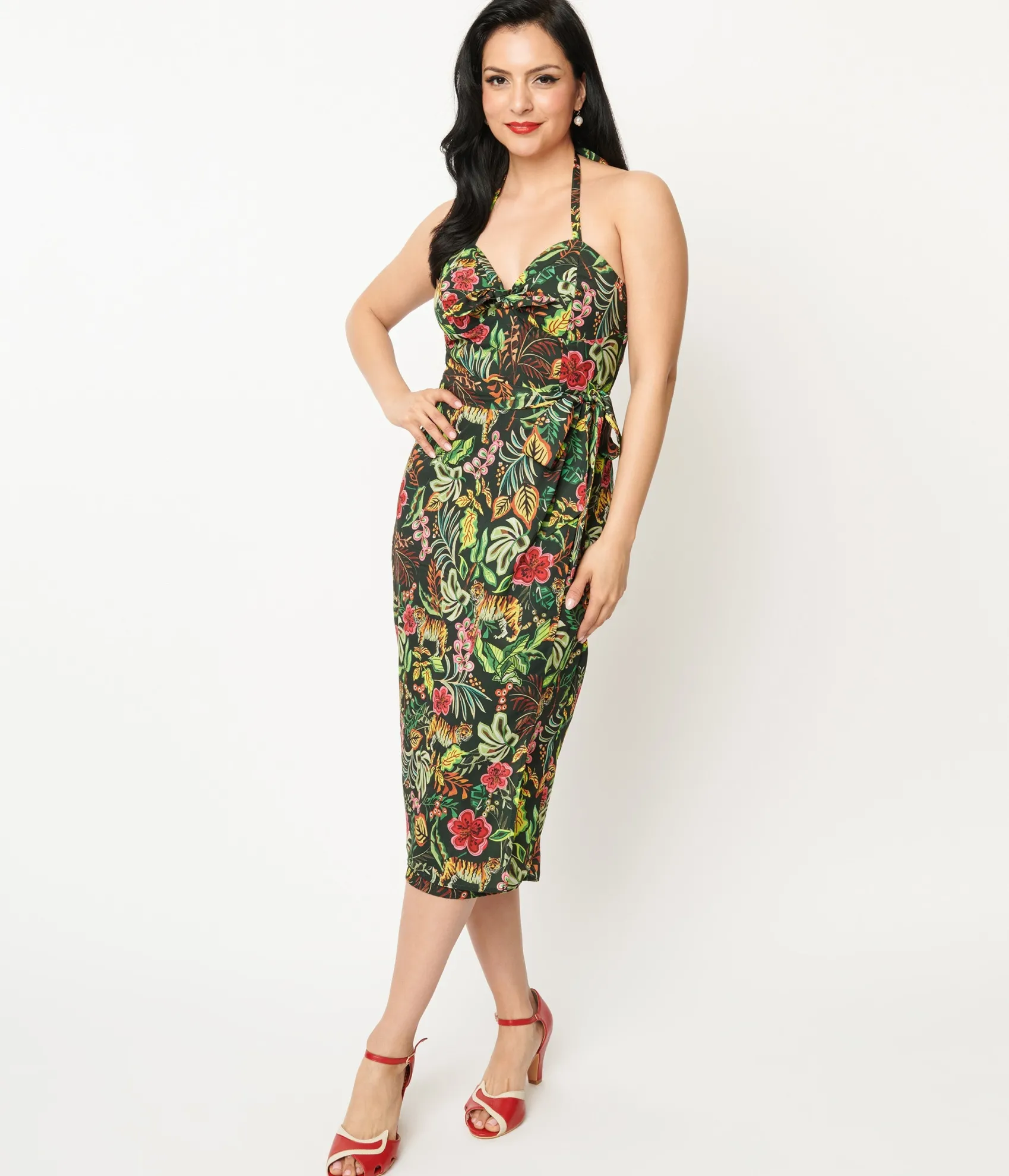Unique Vintage Green Jungle Cat Print Leilani Sarong Dress Sale