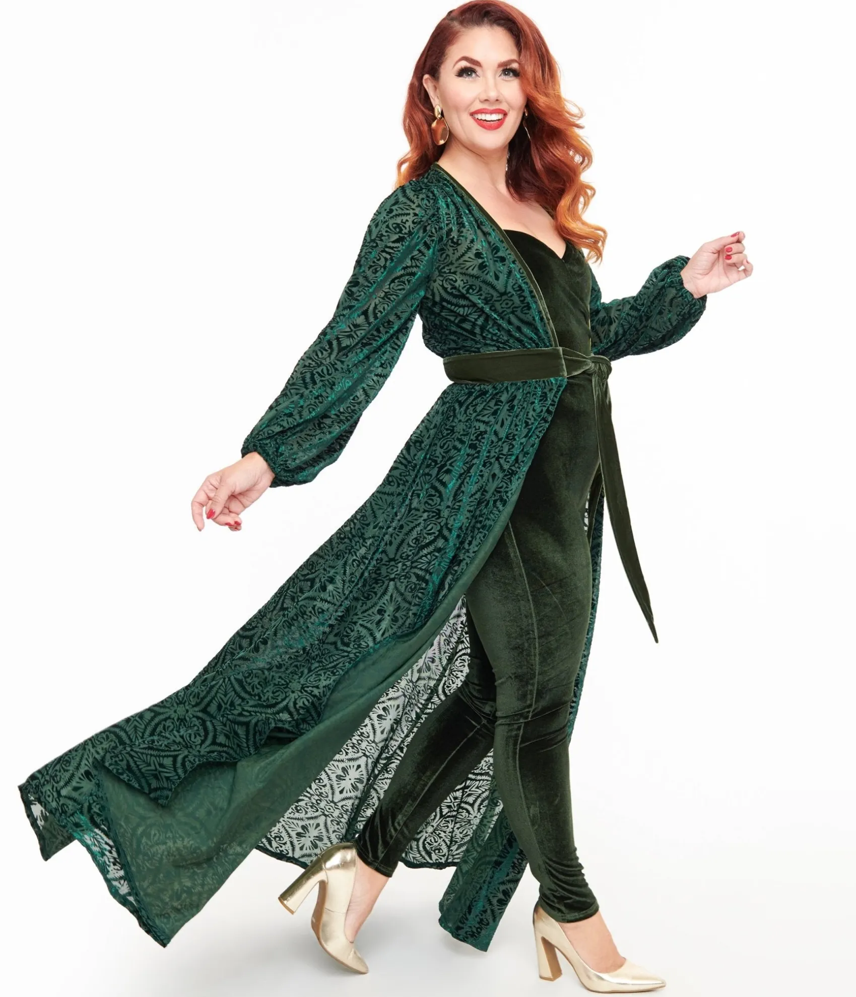 Unique Vintage Green Velvet Burnout Hollywood Duster Best