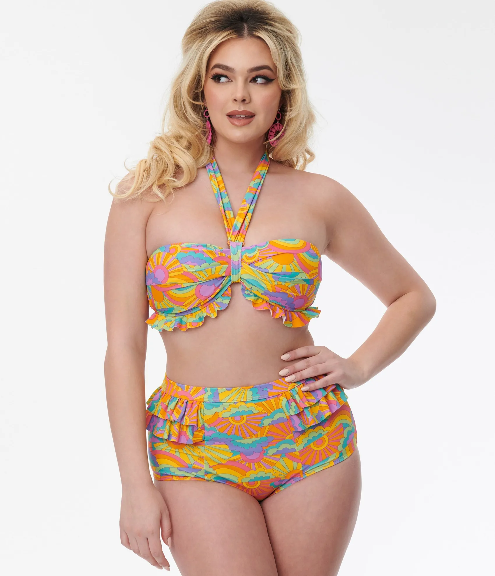 Unique Vintage Happy Groovy Rainbow Twist Front Halter Swim Top Clearance