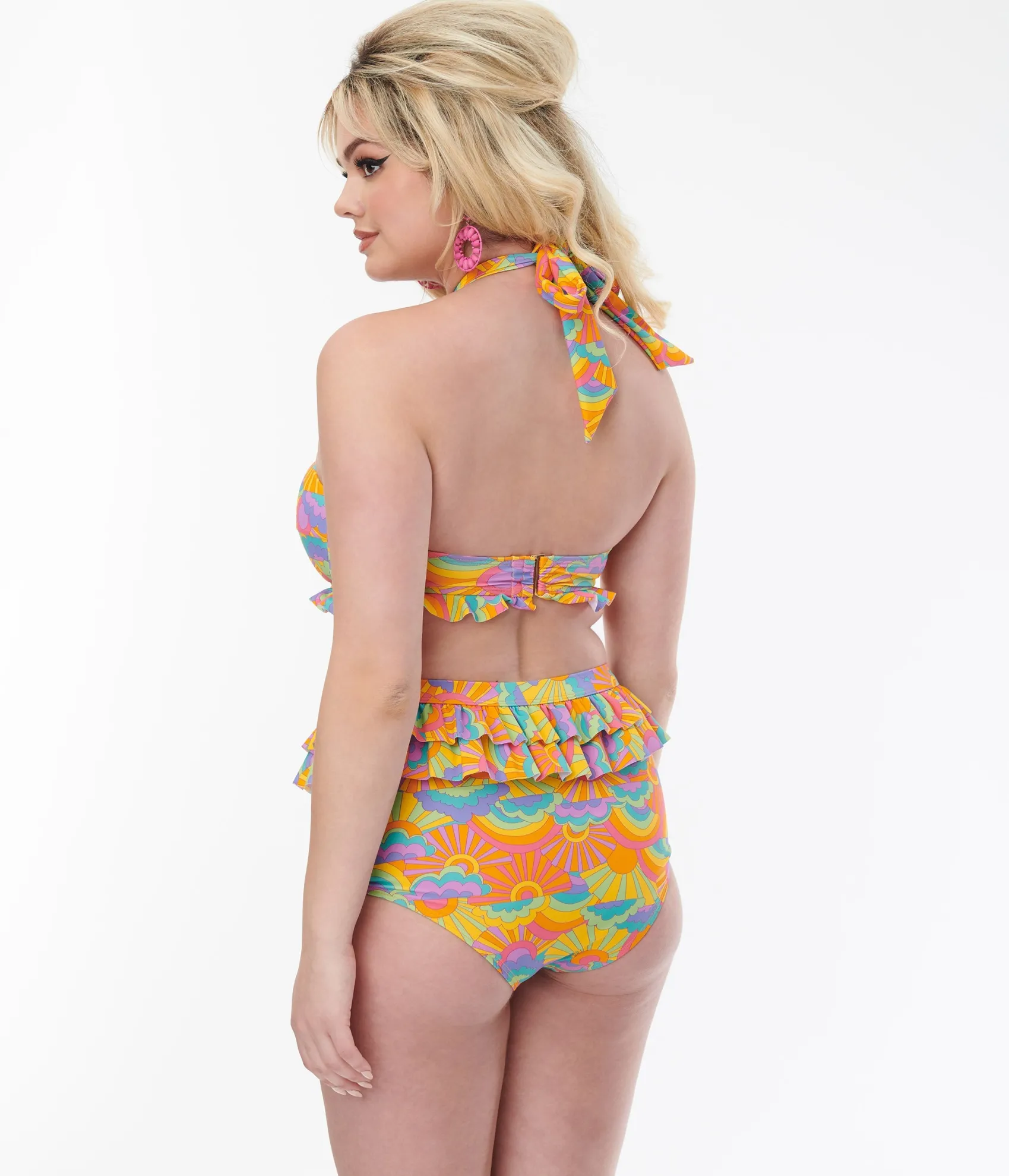 Unique Vintage Happy Groovy Rainbow Twist Front Halter Swim Top Clearance