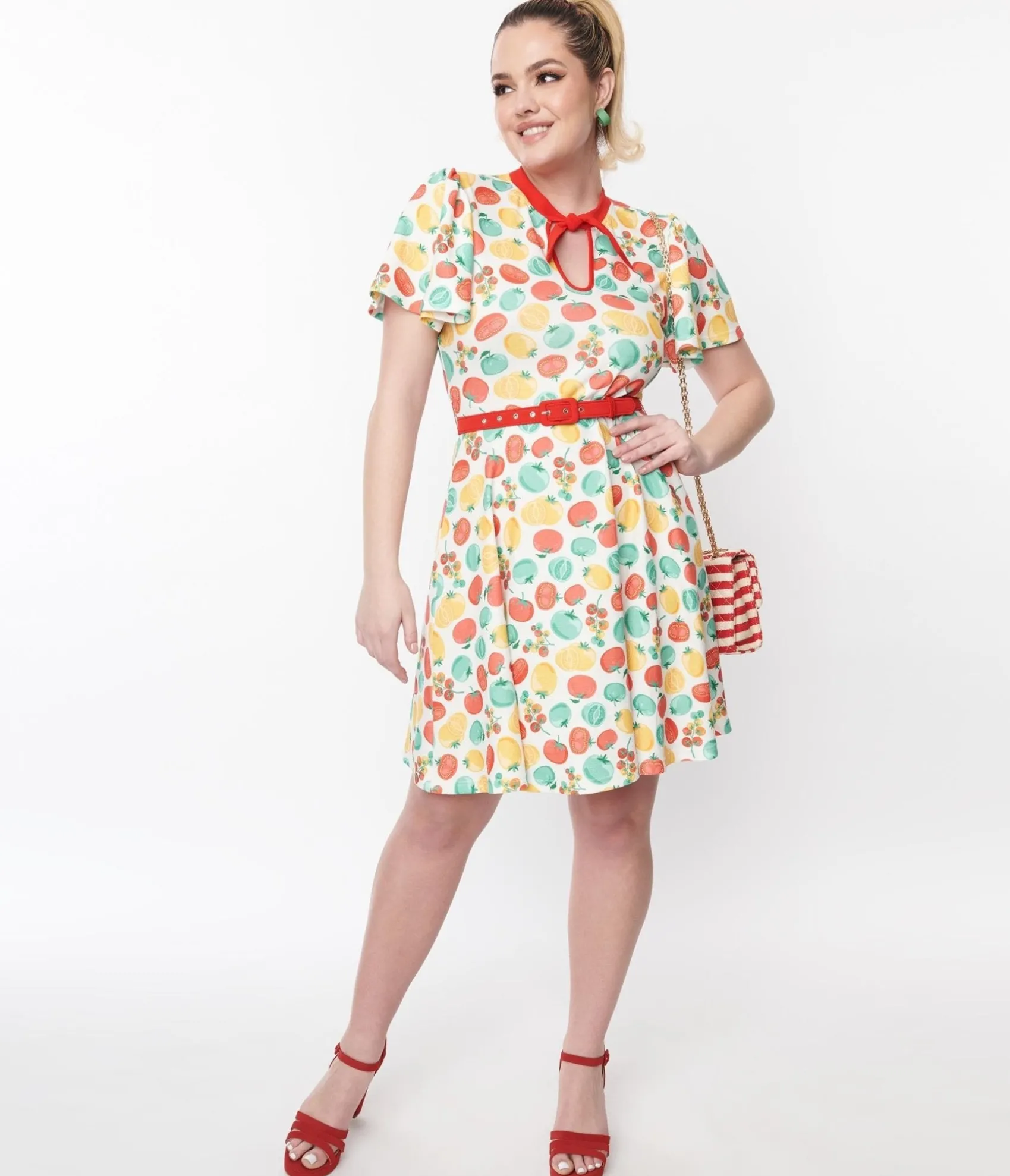 Unique Vintage Ivory & Red Tomato Print Flare Dress Clearance
