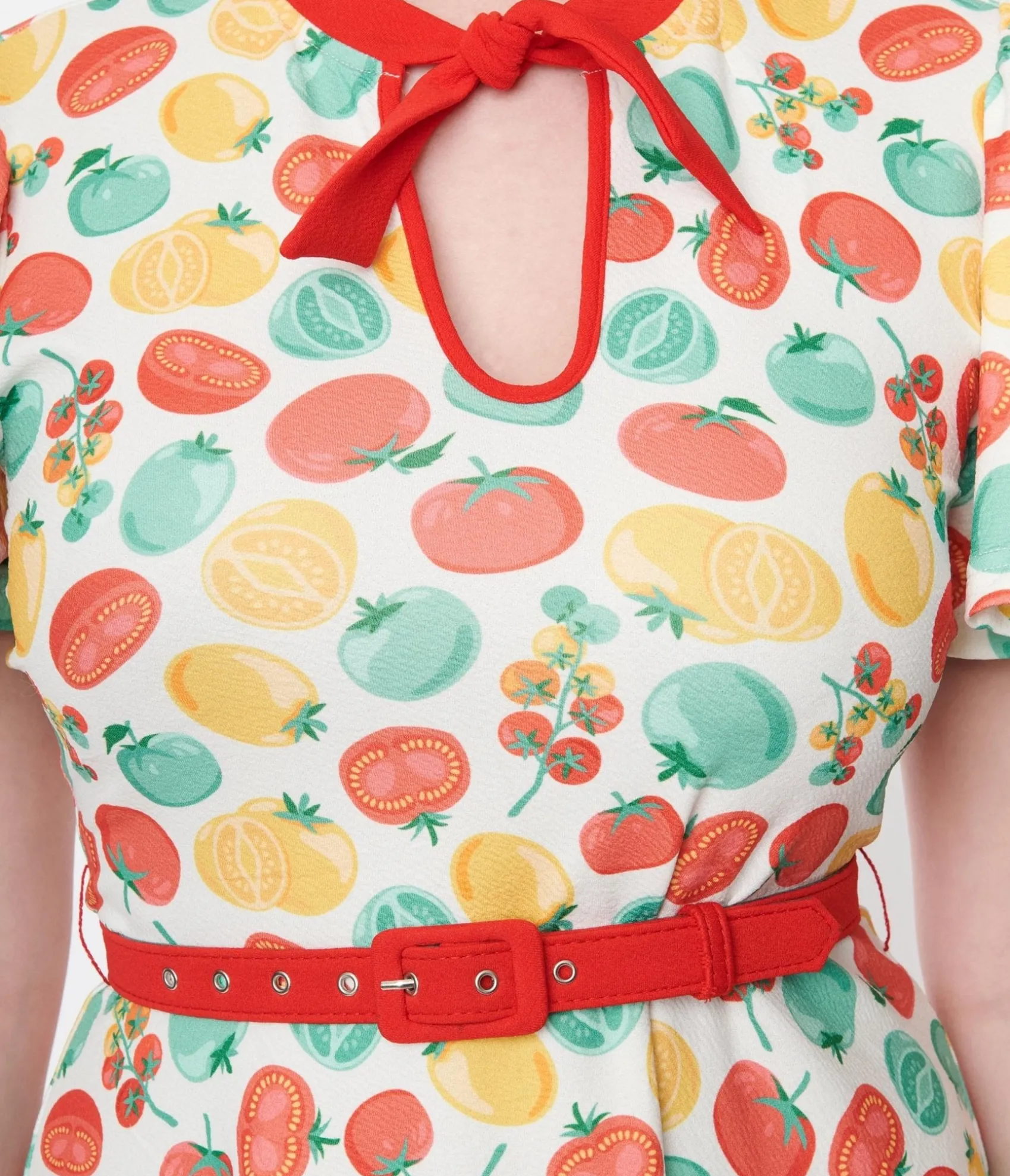 Unique Vintage Ivory & Red Tomato Print Flare Dress Clearance