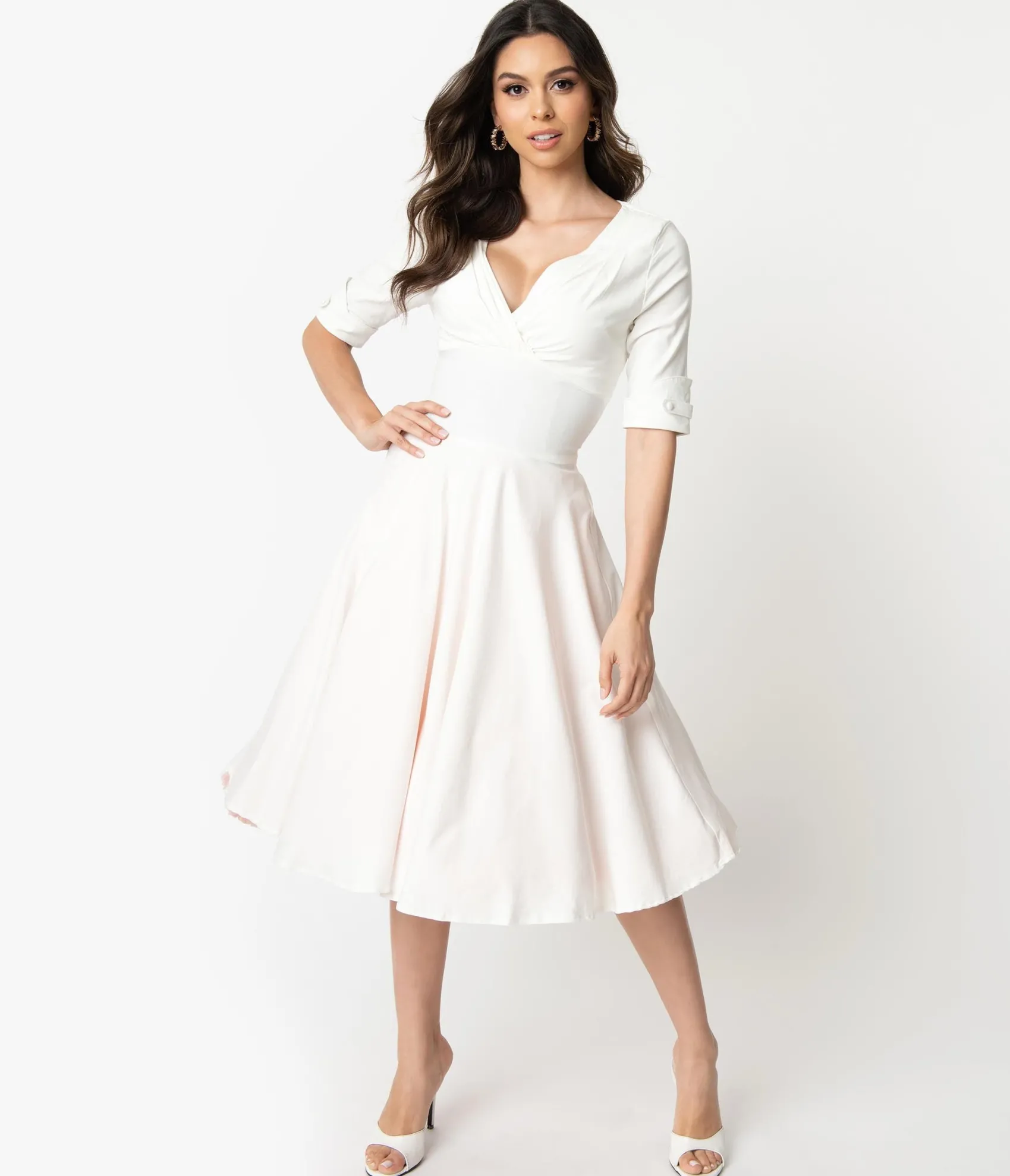 Unique Vintage Ivory Delores Swing Dress with Sleeves Online