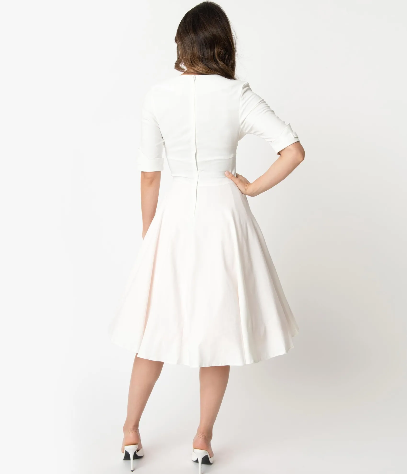 Unique Vintage Ivory Delores Swing Dress with Sleeves Online