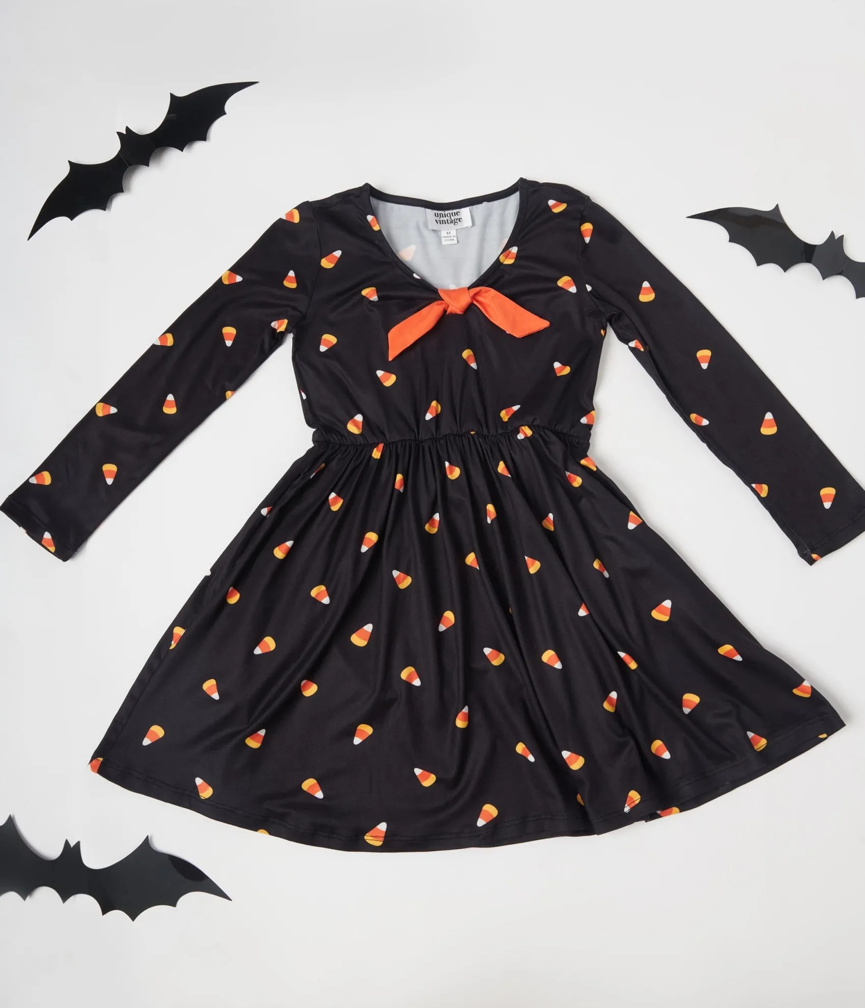 Unique Vintage Kids Black Candy Corn Hello Gorgeous Flare Dress Clearance