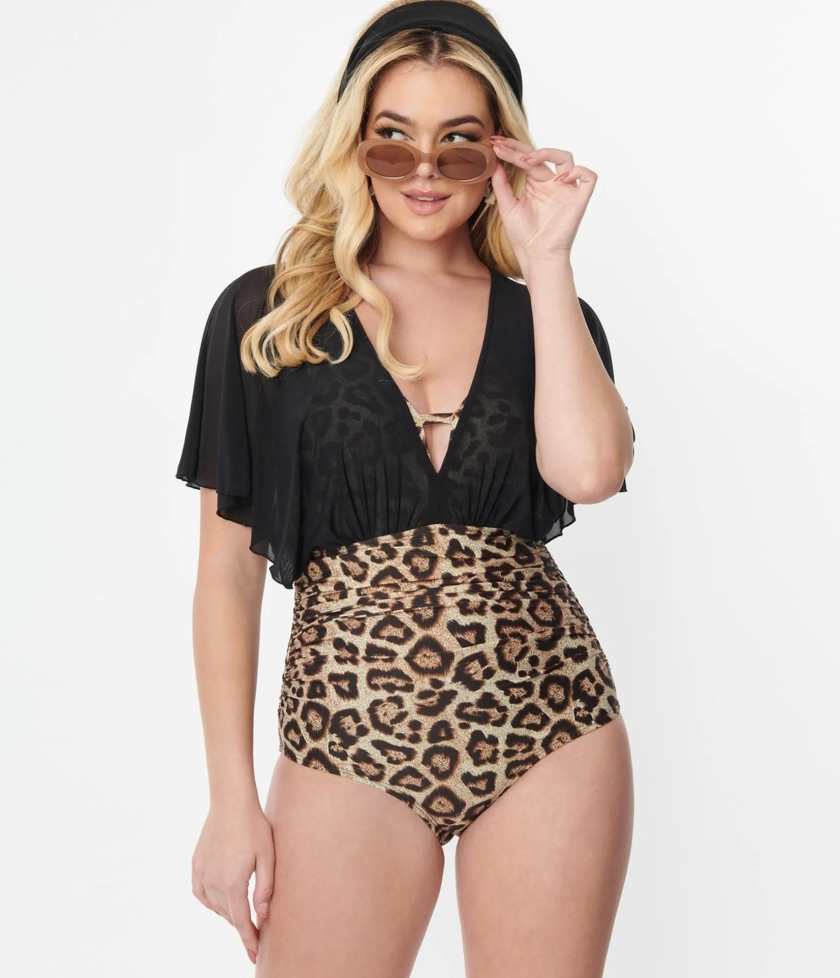 Unique Vintage Leopard & Black Mesh Sleeved Torrey Swimsuit Cheap