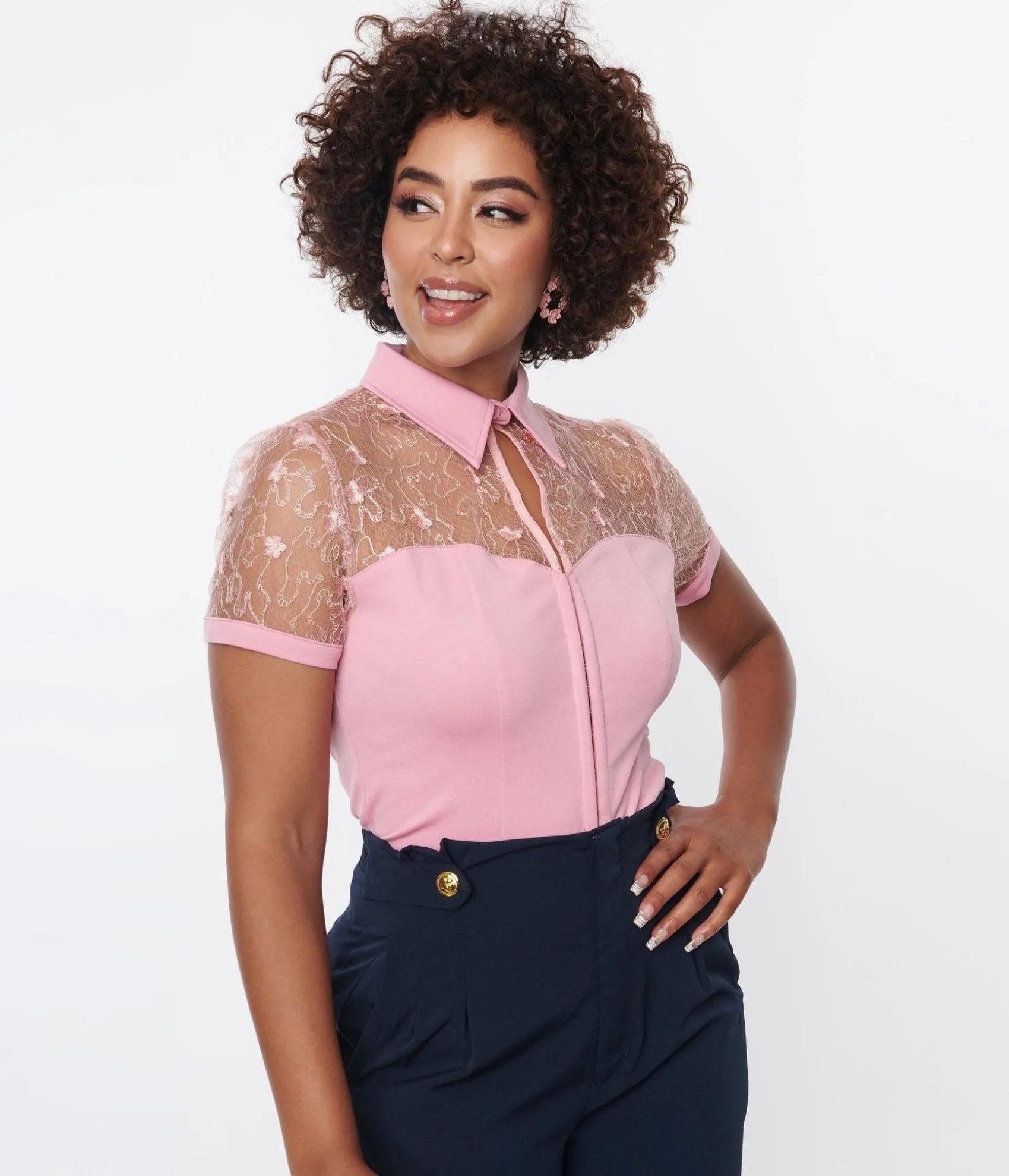 Unique Vintage Light Pink & Floral Mesh Sweetheart Top Cheap