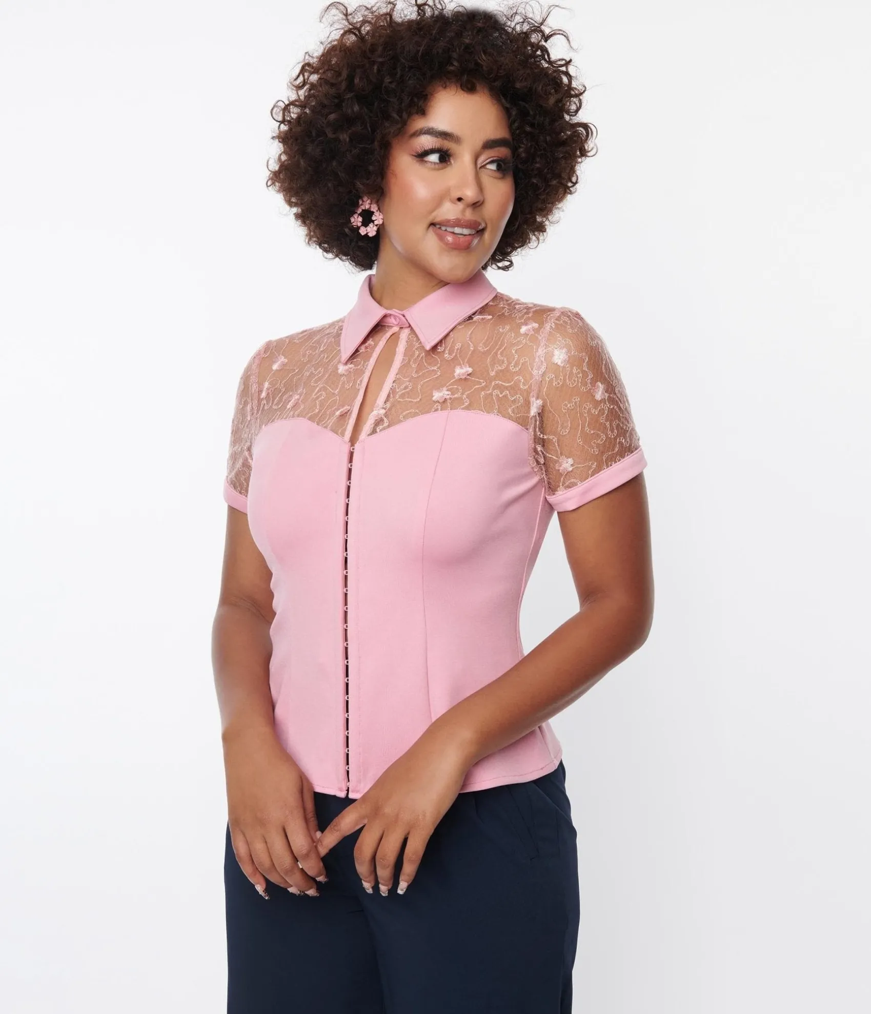 Unique Vintage Light Pink & Floral Mesh Sweetheart Top Cheap