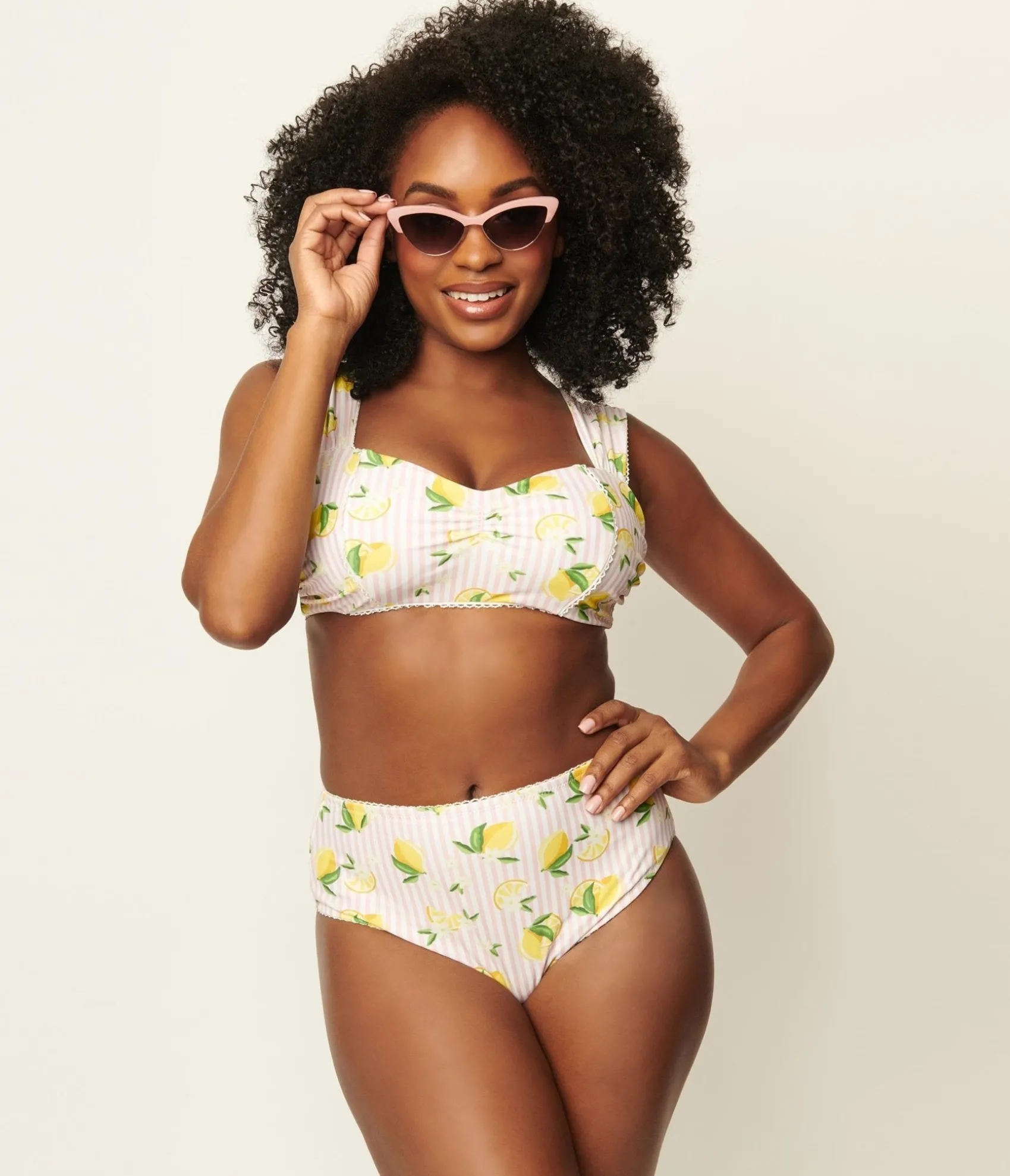 Unique Vintage Light Pink Stripes & Lemons Ruched & Ready Swim Top Cheap