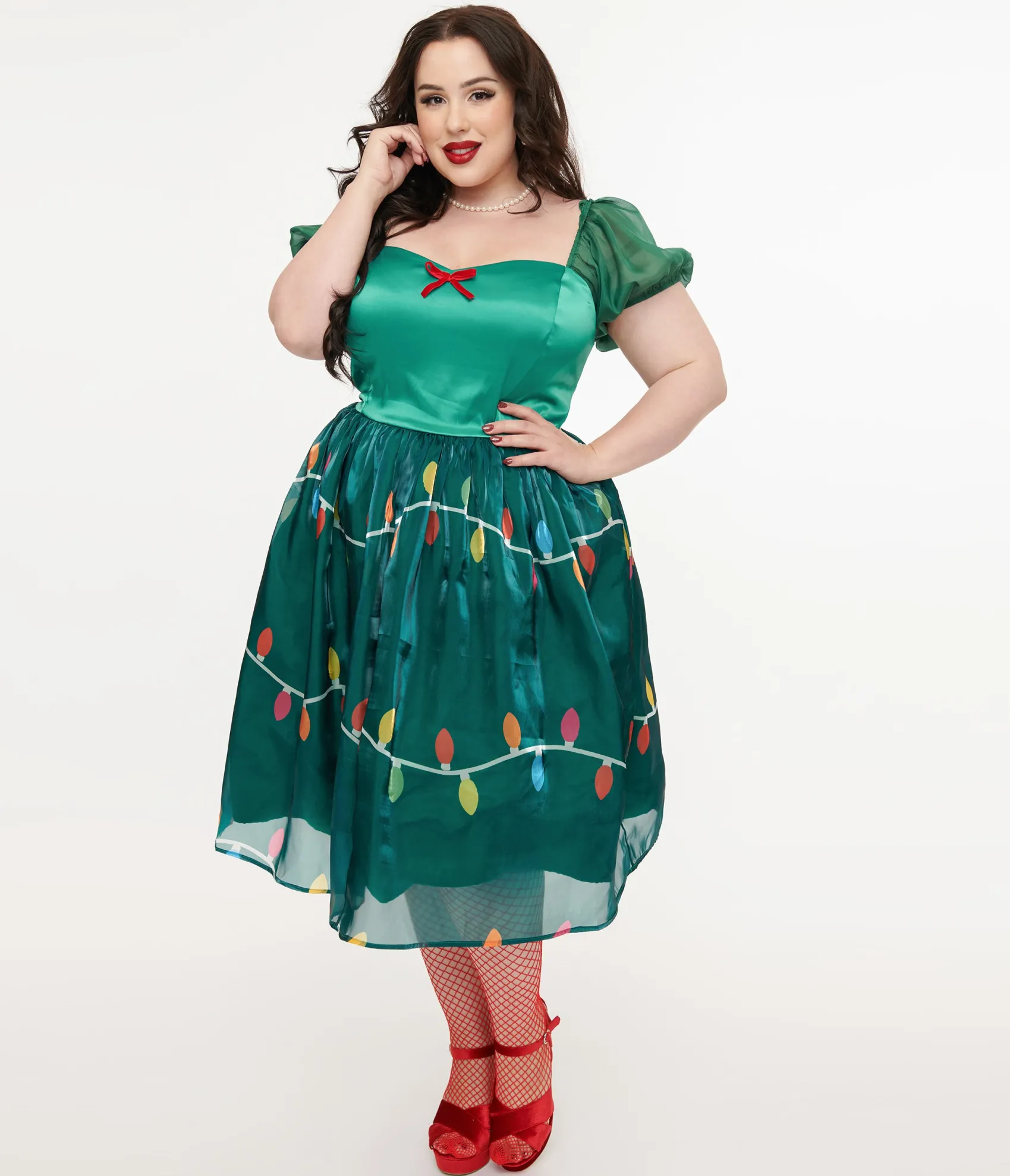 Unique Vintage Light Up Plus Size 1950s Green Christmas Lights Print Sweetheart Dress Hot
