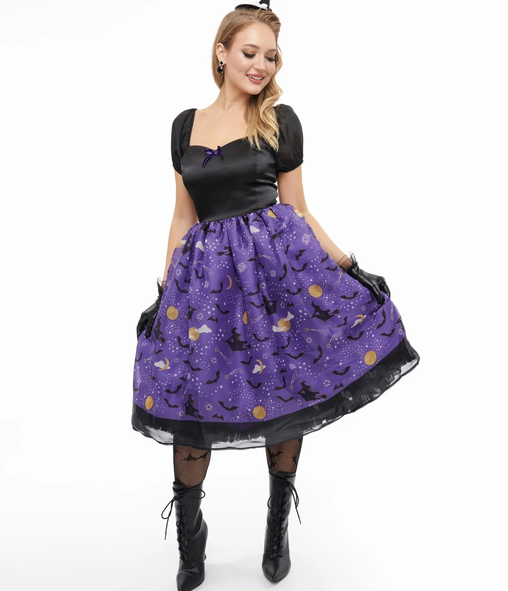 Unique Vintage Light Up 1950s Black & Purple Witch Swing Dress Cheap