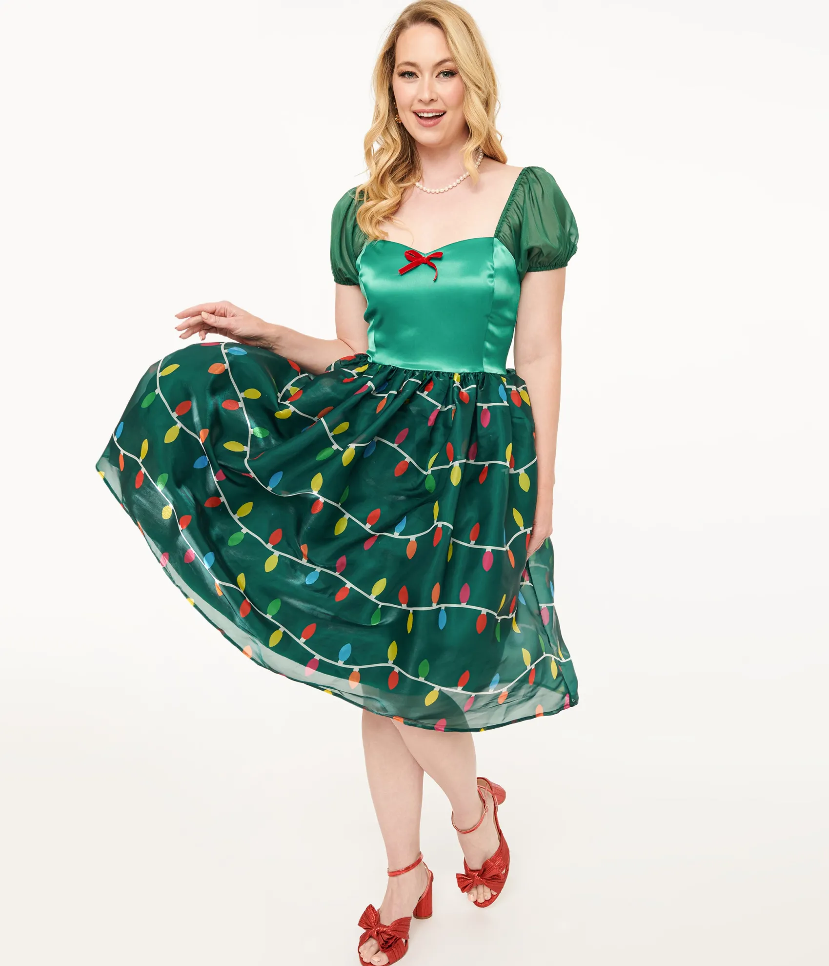 Unique Vintage Light Up1950s Green Christmas Lights Print Sweetheart Dress Cheap