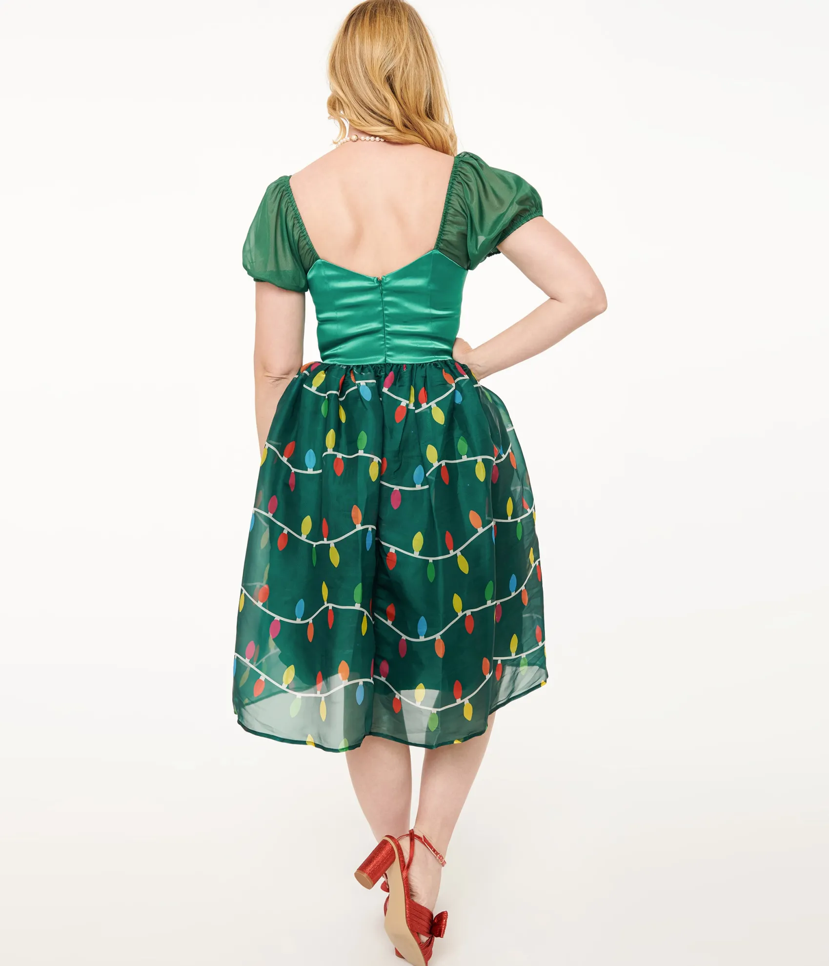 Unique Vintage Light Up1950s Green Christmas Lights Print Sweetheart Dress Cheap
