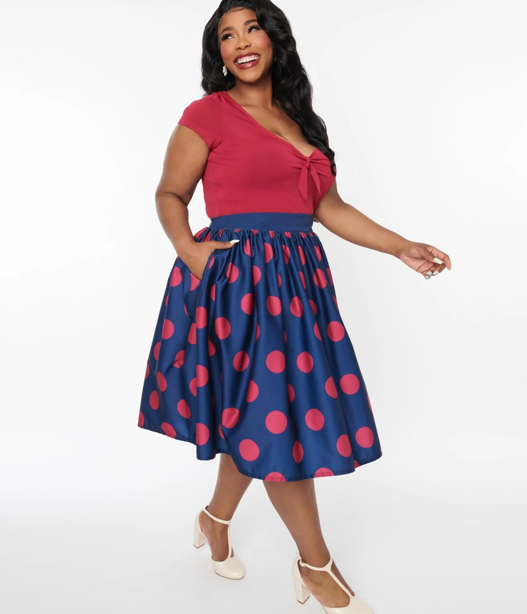 Unique Vintage Navy & Berry Polka Dot Gellar Swing Skirt Cheap