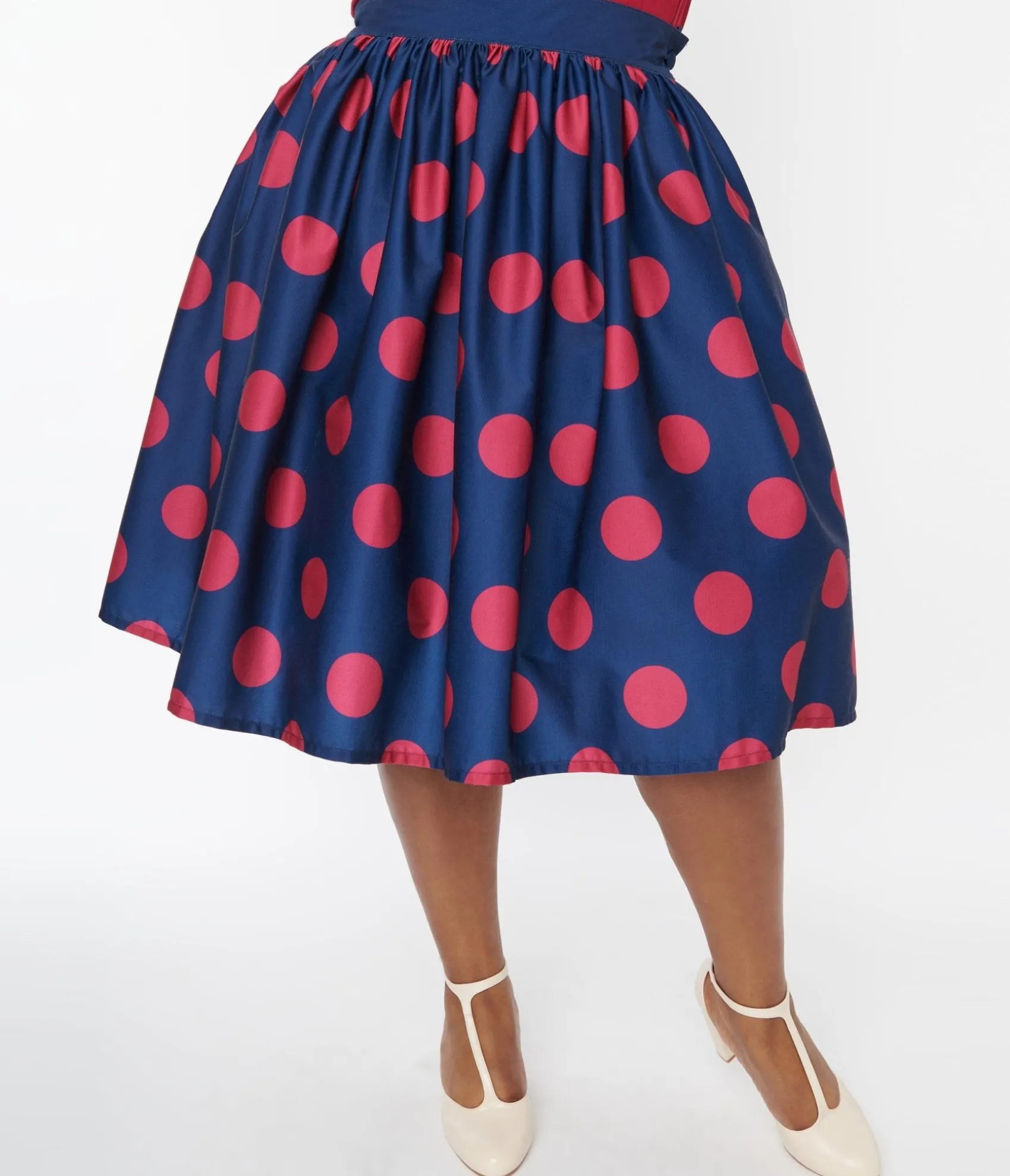 Unique Vintage Navy & Berry Polka Dot Gellar Swing Skirt Cheap
