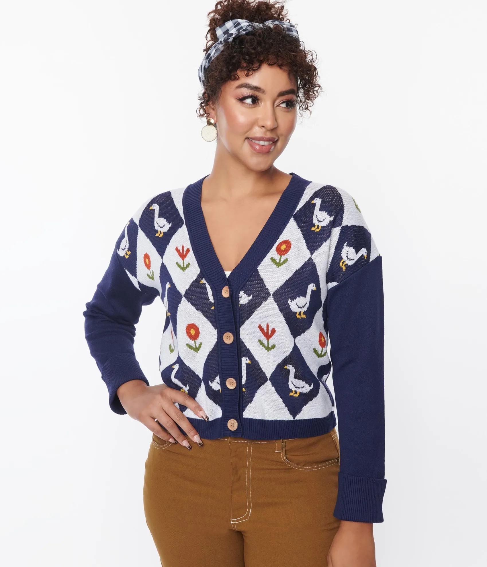 Unique Vintage Navy & Duck Argyle Sweater Cardigan New
