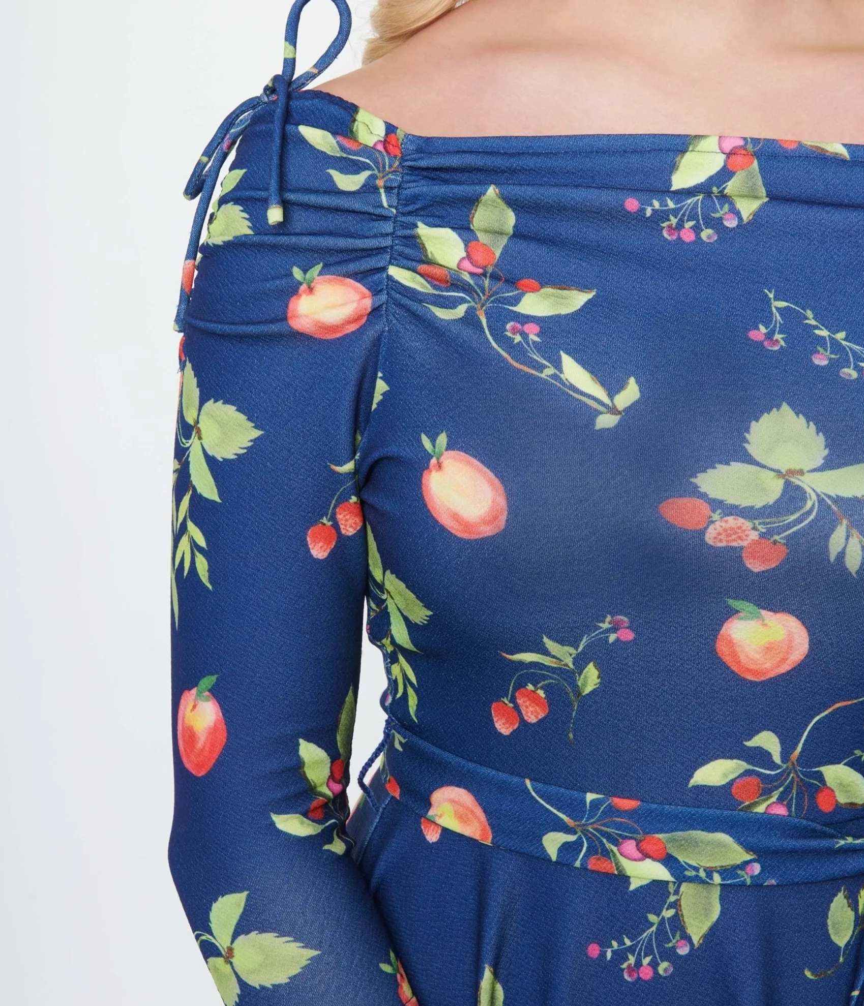 Unique Vintage Navy & Orchard Print Off Shoulder Flare Dress Shop