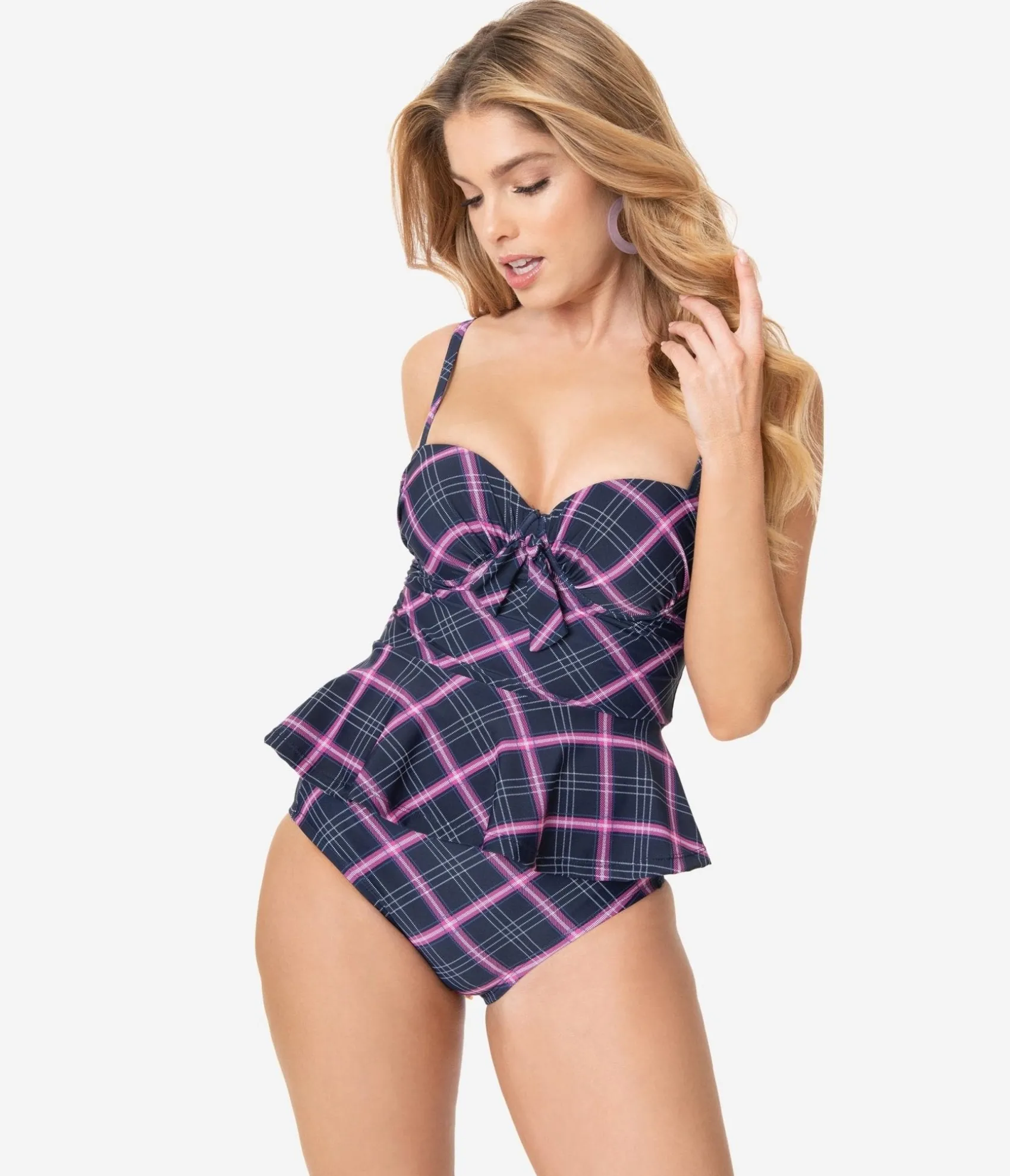 Unique Vintage Navy & Pink Plaid Daphne Swim Bottoms Flash Sale