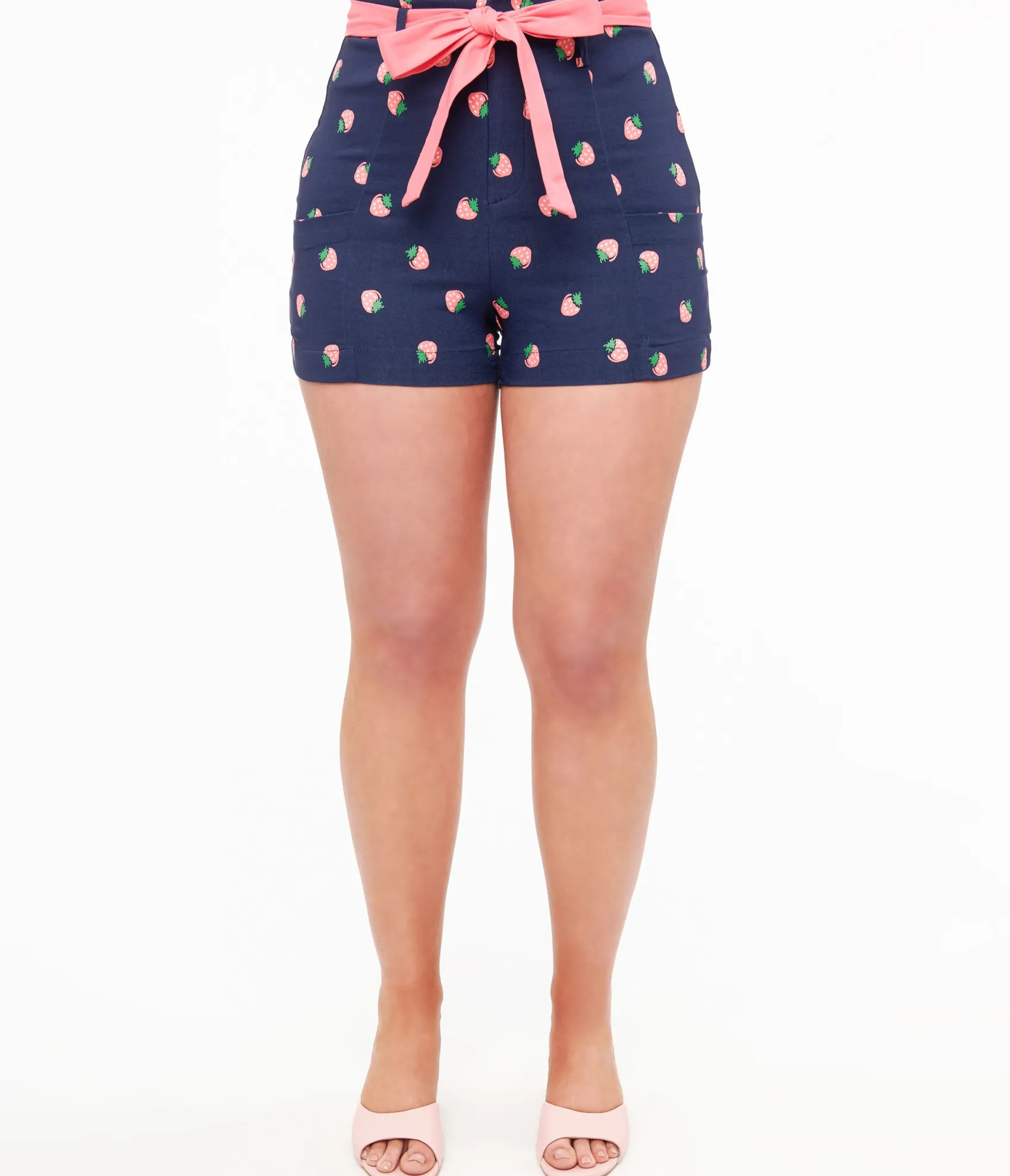 Unique Vintage Navy & Pink Strawberry Stamp Tied & True Shorts Cheap