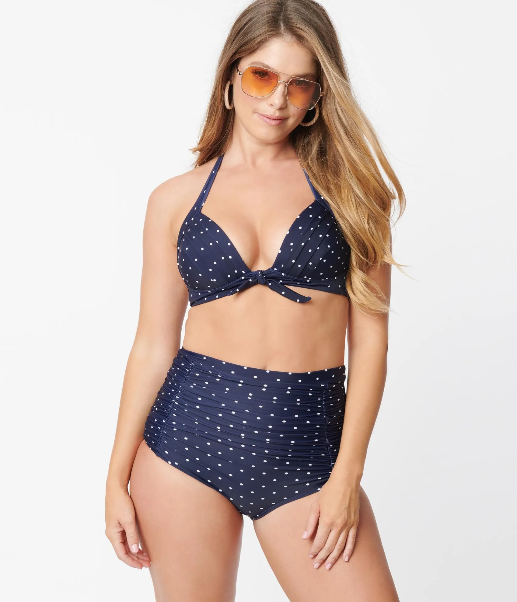 Unique Vintage Navy & White Pin Dot Monroe Halter Swim Top Cheap