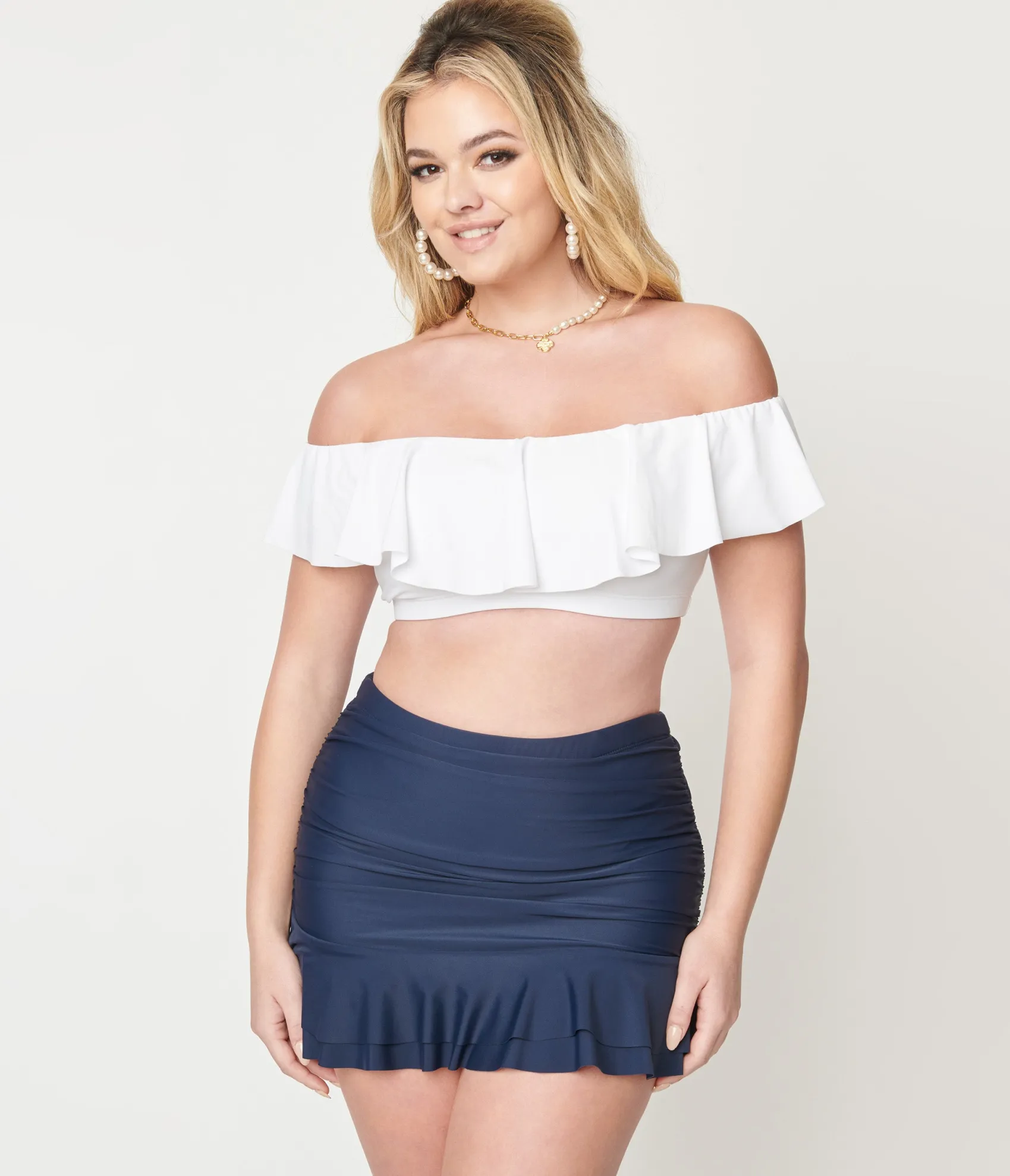 Unique Vintage Navy Blue Skirted High Waist Alice Swim Bottoms Clearance