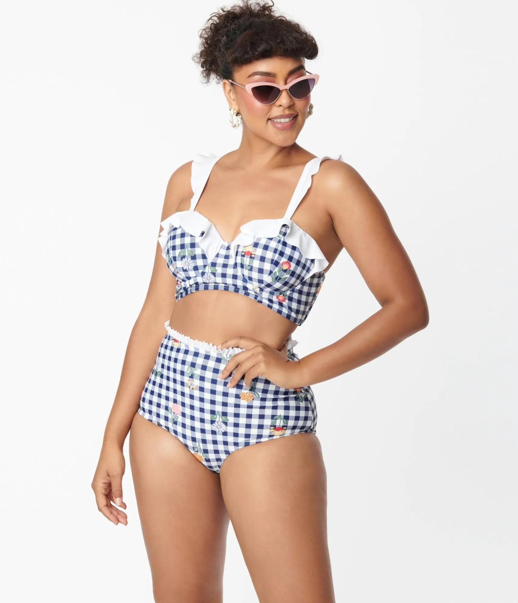 Unique Vintage Navy Gingham & Floral Southampton Swim Top Cheap