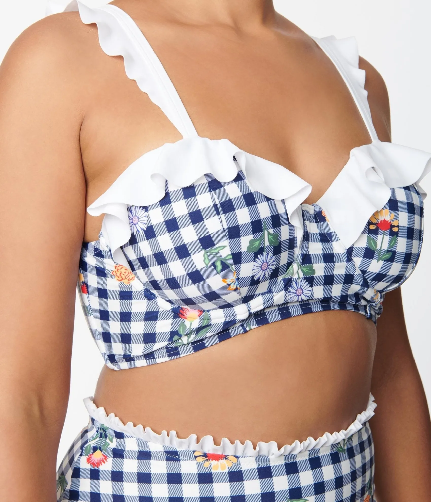 Unique Vintage Navy Gingham & Floral Southampton Swim Top Cheap
