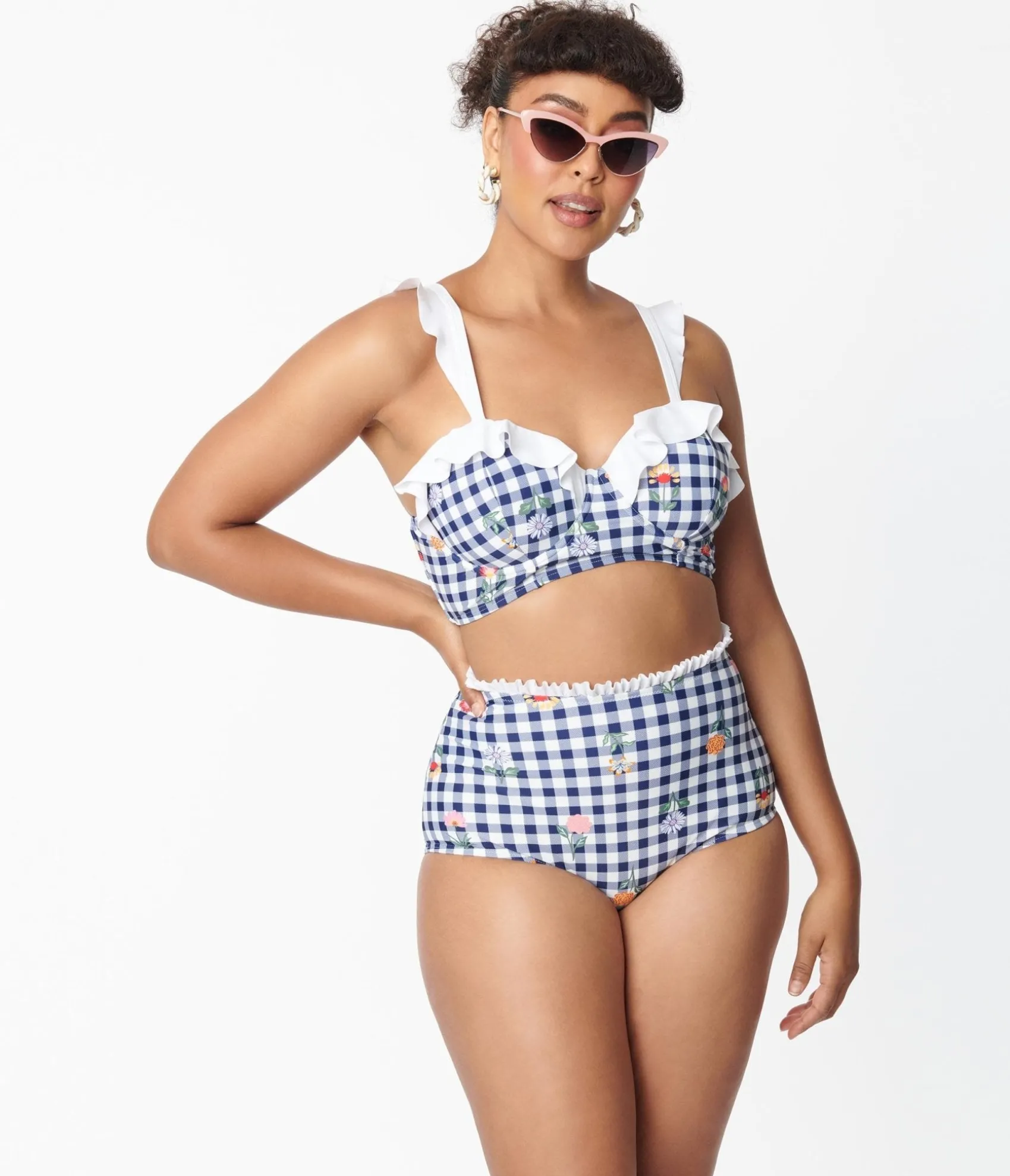 Unique Vintage Navy Gingham & Floral Southampton Swim Top Cheap