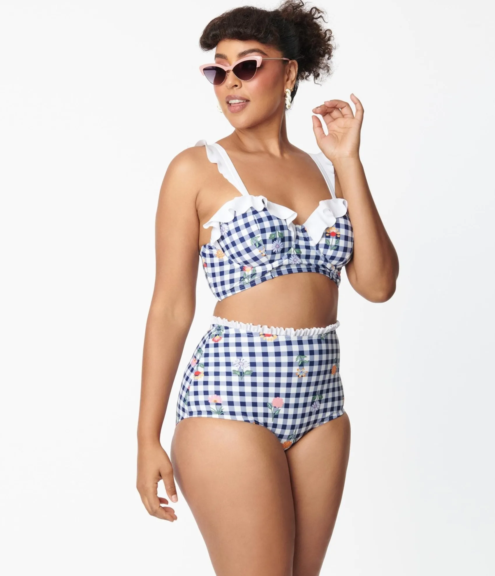 Unique Vintage Navy Gingham & Floral Southampton Swim Top Cheap