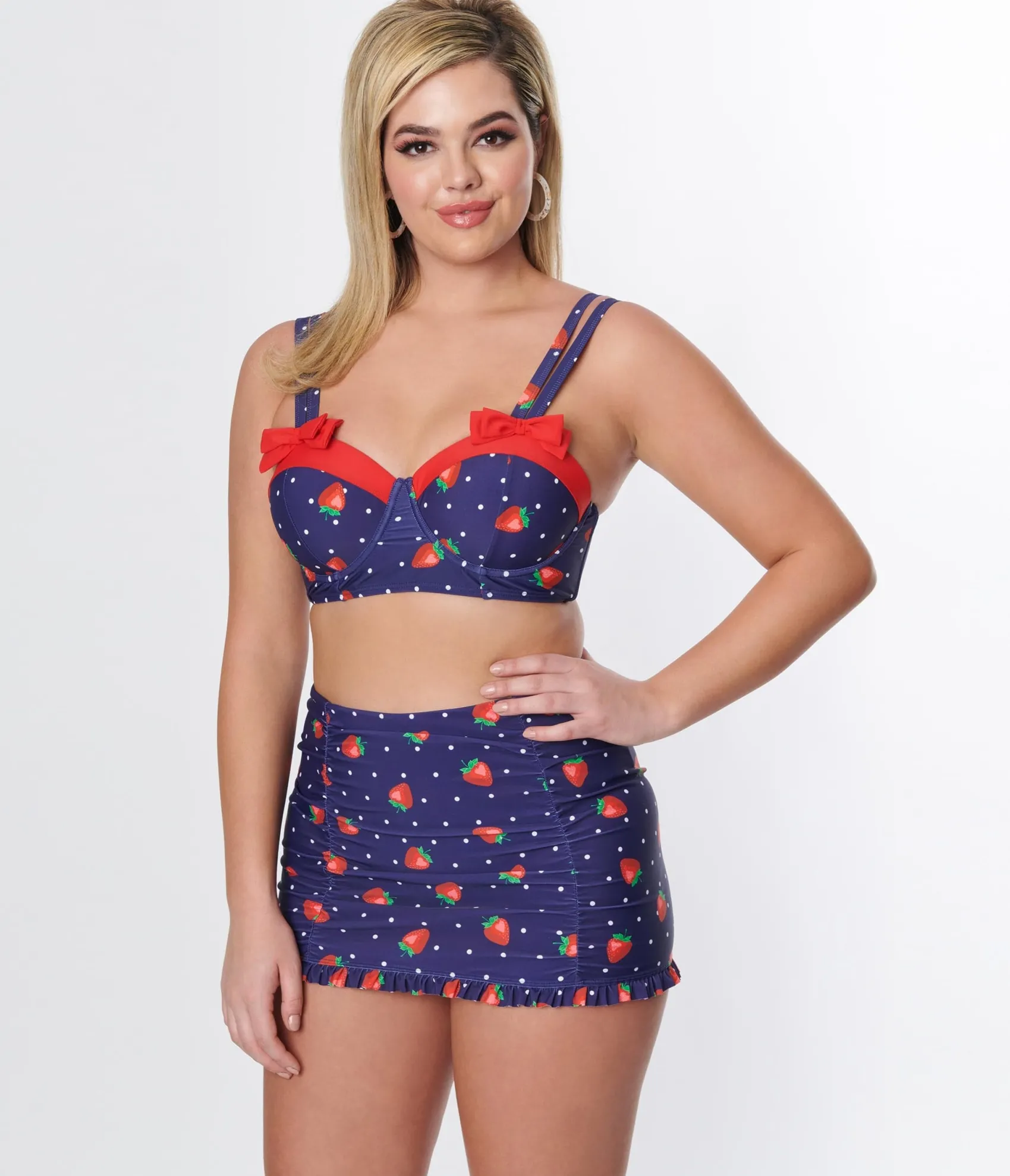 Unique Vintage Navy Strawberry Pin Dot Ruffled Swim Skirt Cheap