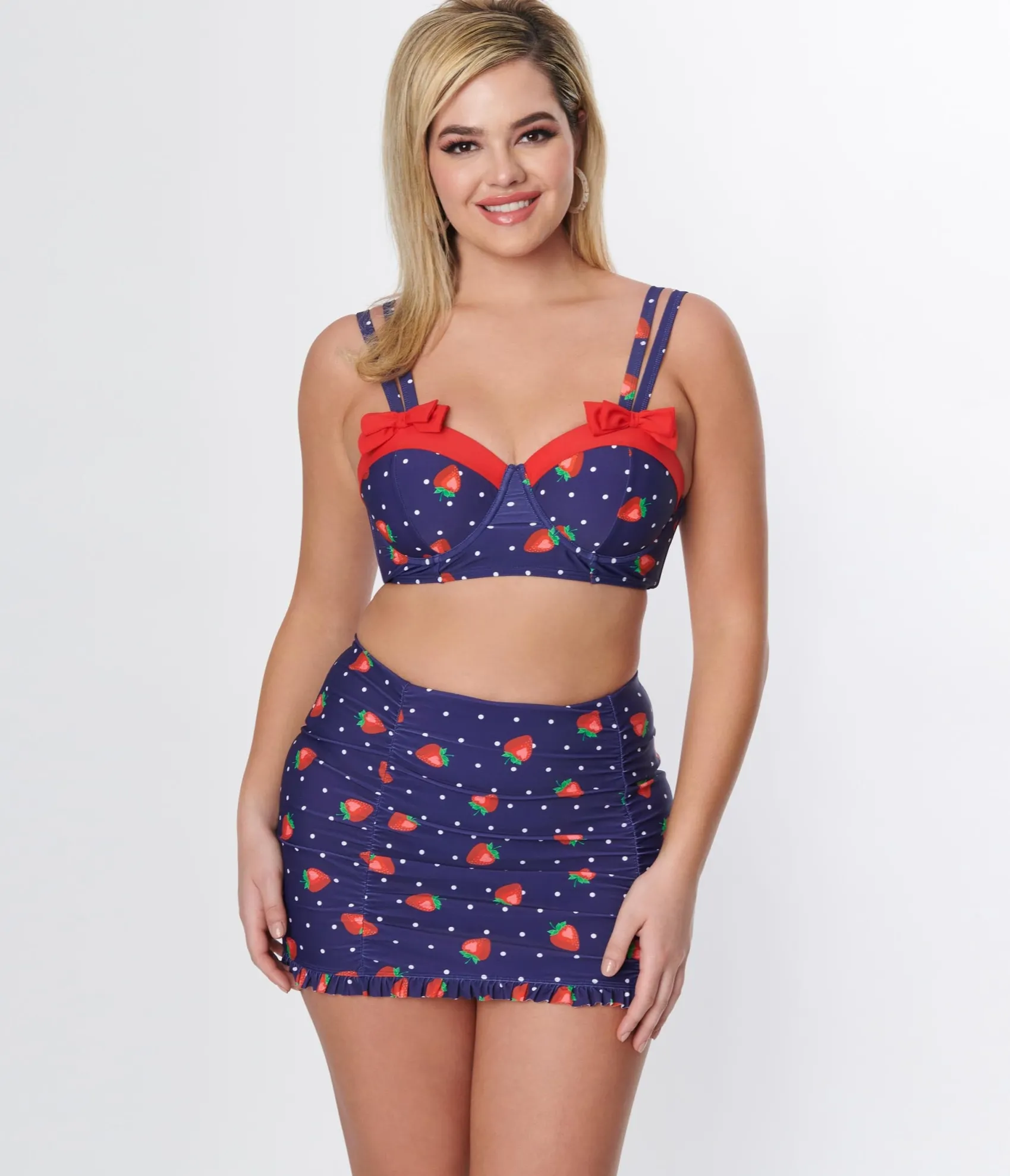 Unique Vintage Navy Strawberry Pin Dot Ruffled Swim Skirt Cheap