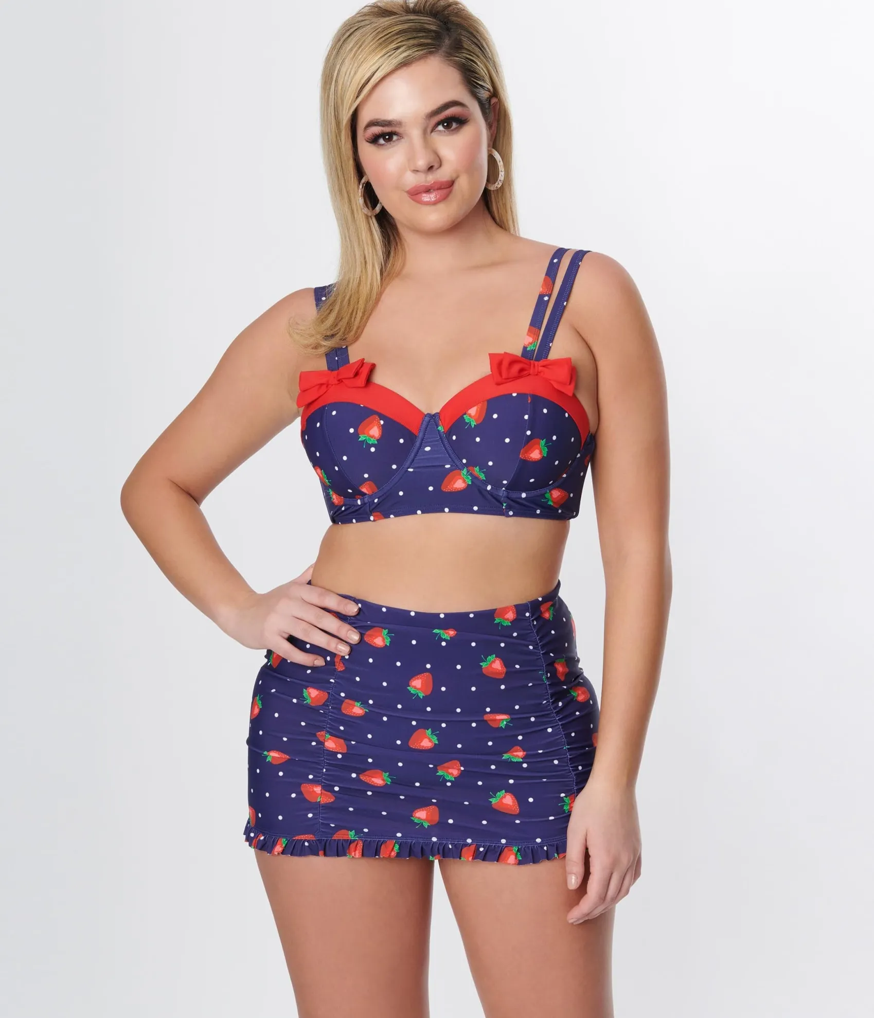 Unique Vintage Navy Strawberry Pin Dot Ruffled Swim Skirt Cheap