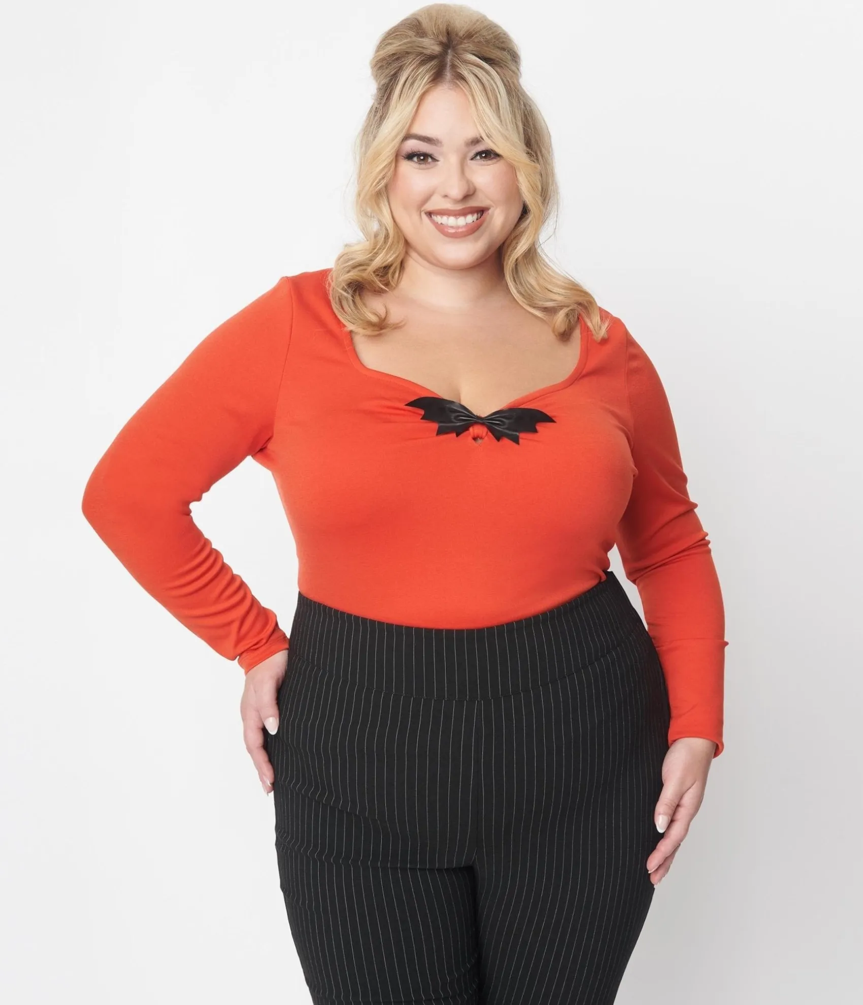 Unique Vintage Orange & Black Bat Bow Long Sleeve Top Fashion