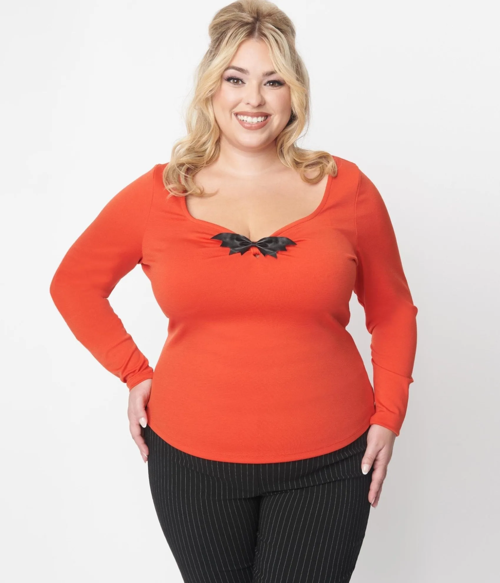 Unique Vintage Orange & Black Bat Bow Long Sleeve Top Fashion